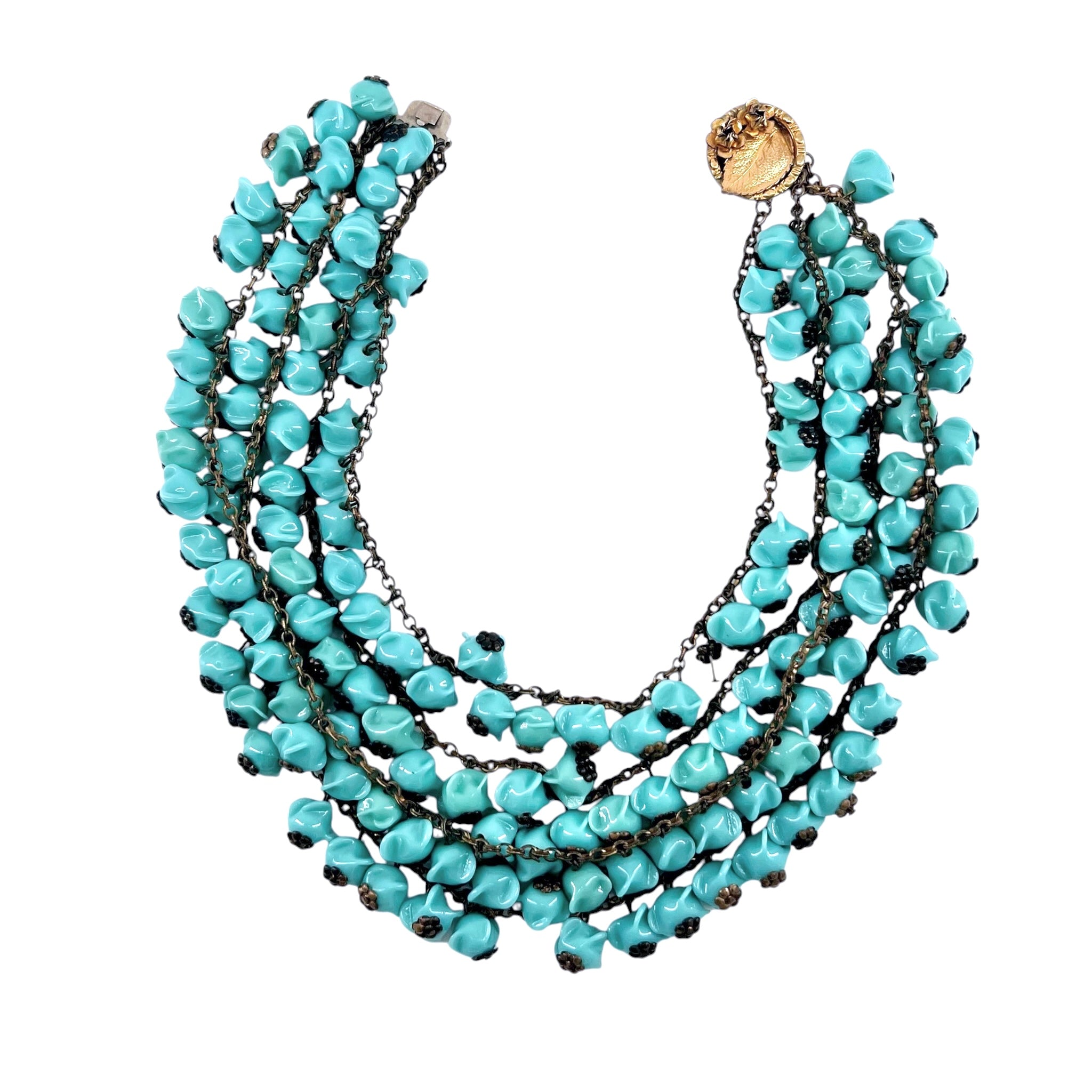 Miriam Haskell 1930's Turquoise Glass Bead Four Strand Bib Necklace, Rare  open