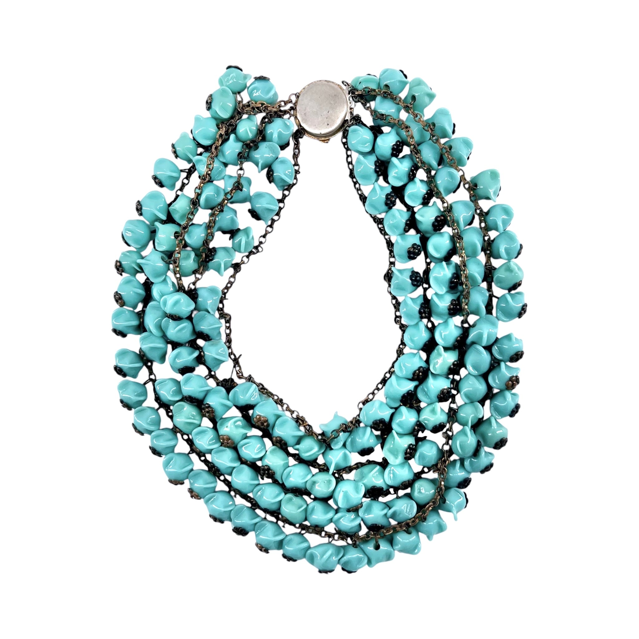 Miriam Haskell 1930's Turquoise Glass Bead Four Strand Bib Necklace, Rare,  reverse