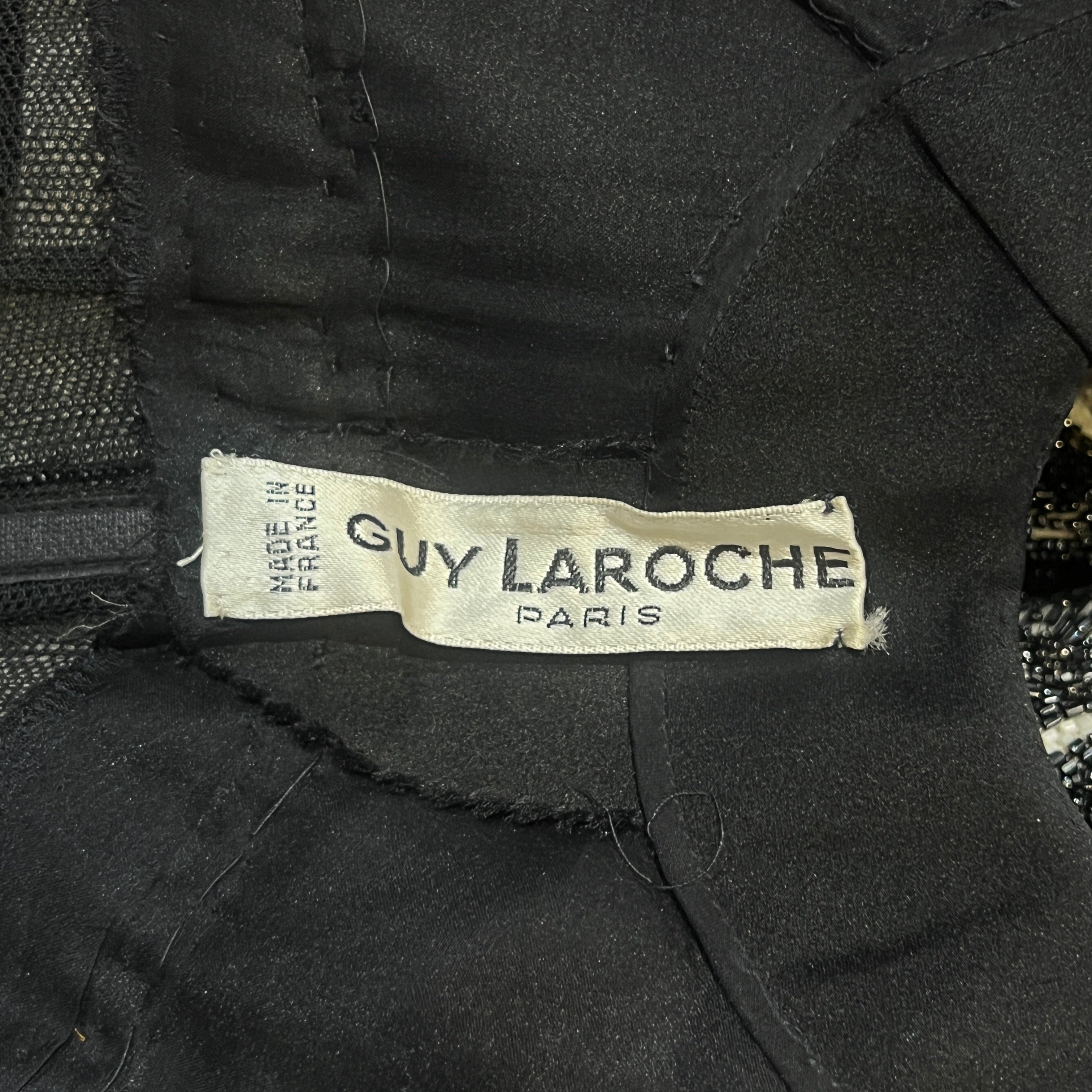 Guy Laroche Haute Couture 1960's Black and White Empire Waist Heavily Beaded Gown, label