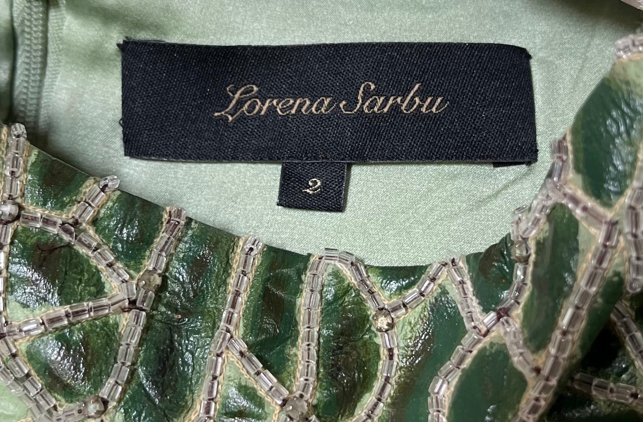 Lorena Sarbu Green Leather and Silk Beaded Mini Dress LABEL PHOTO 6 OF 6