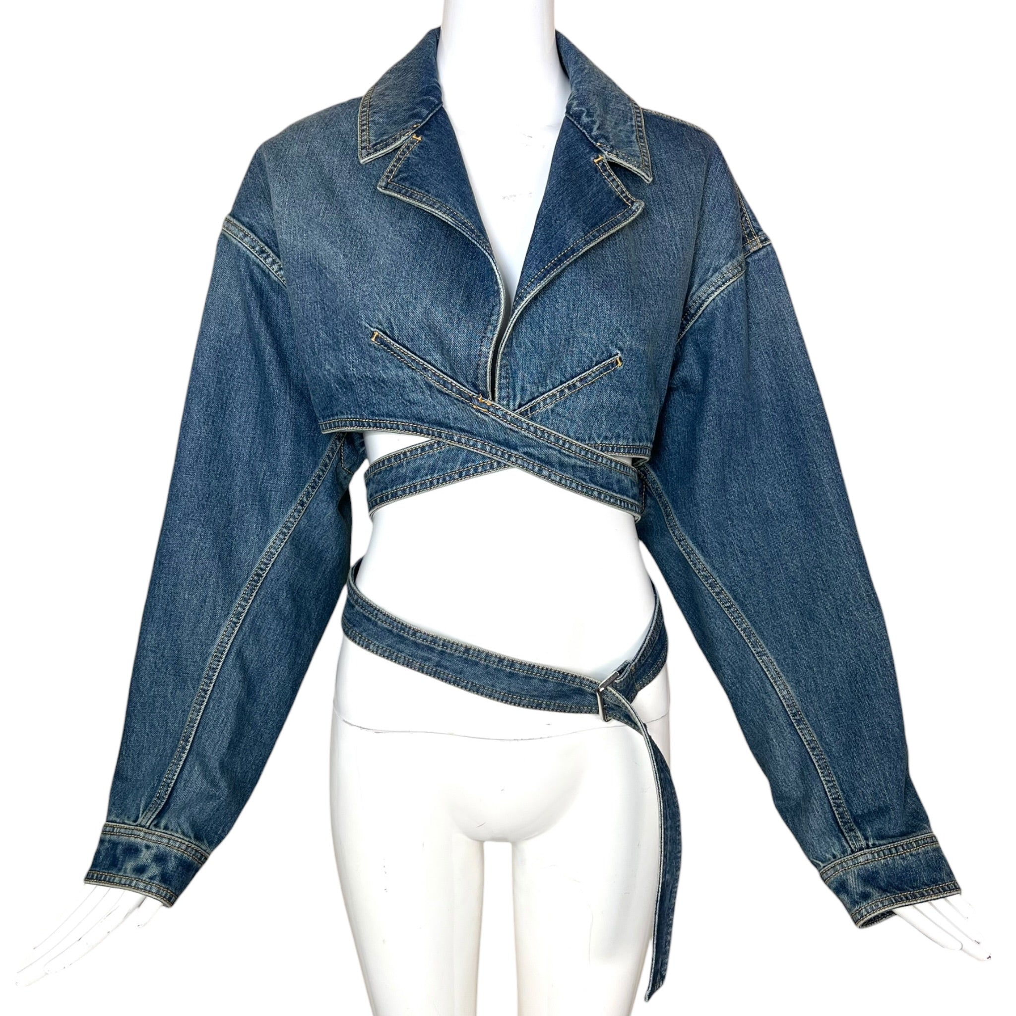 Alaïa Cropped Denim Top w/Wrap Around Belt