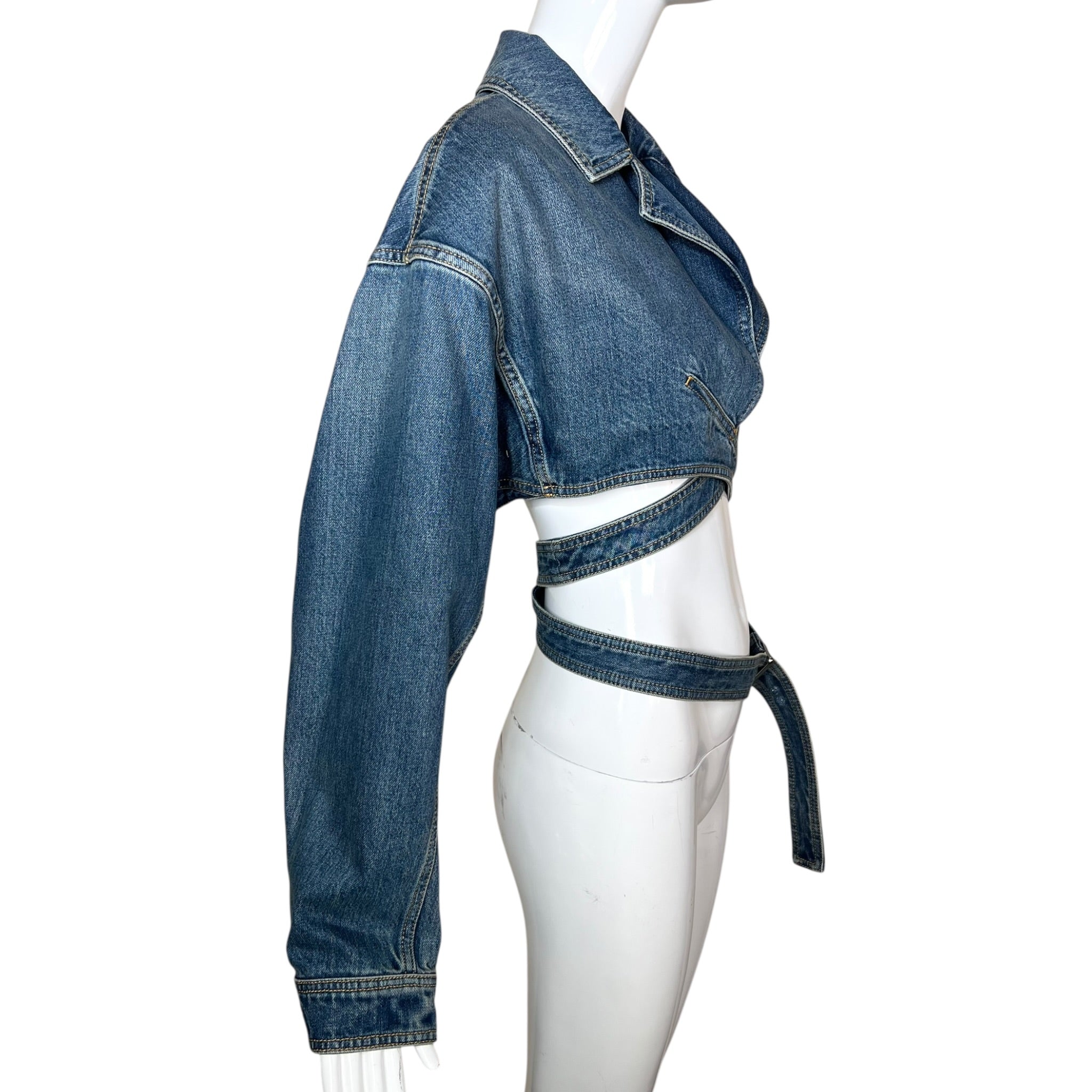 Alaïa Cropped Denim Top w/Wrap Around Belt, side