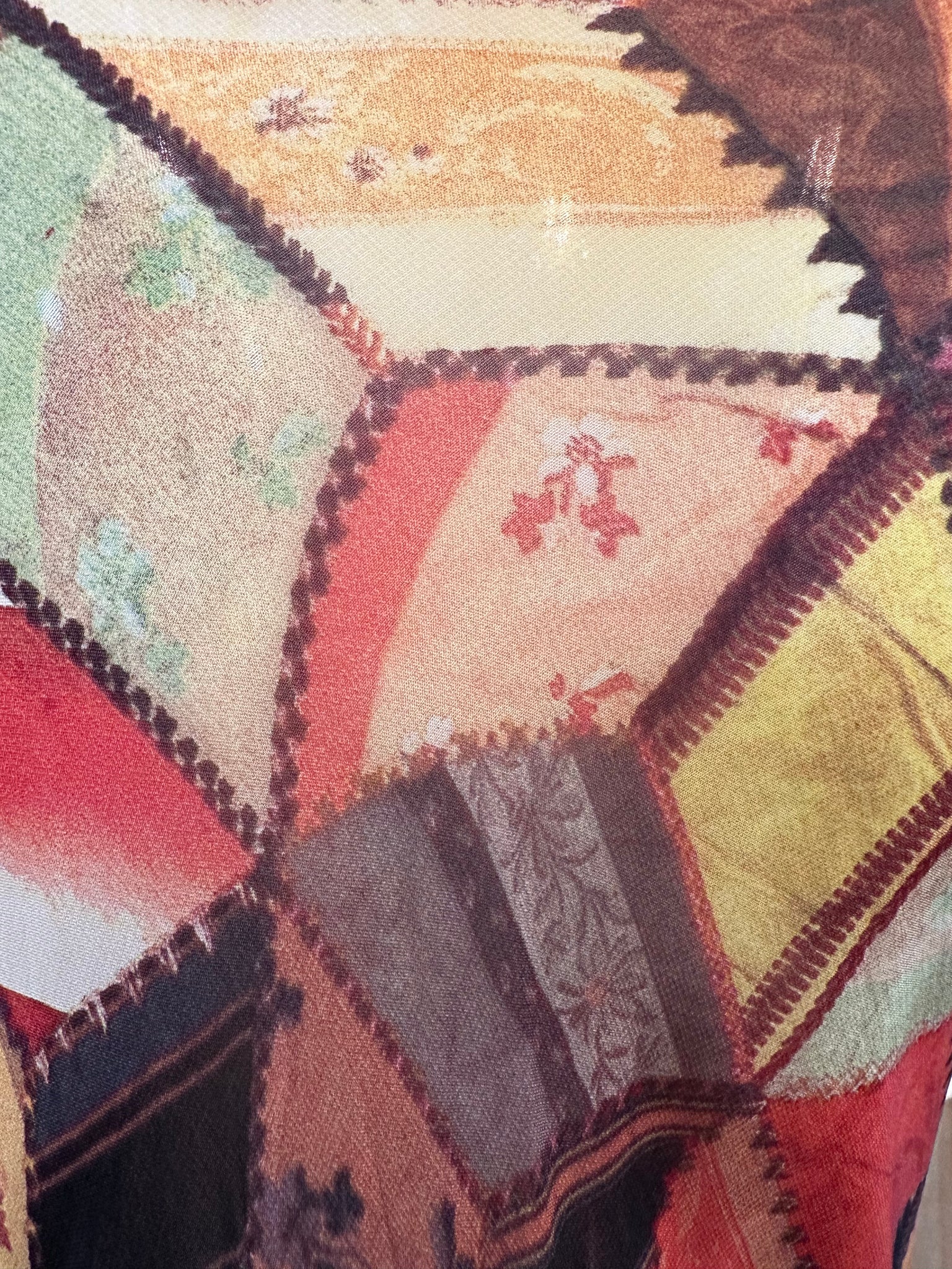  Moschino Cheap and Chic 1990s Mesh Trompe L'oeil Crazy Quilt Patchwork Fringed Shawl PRINT 4 of 5