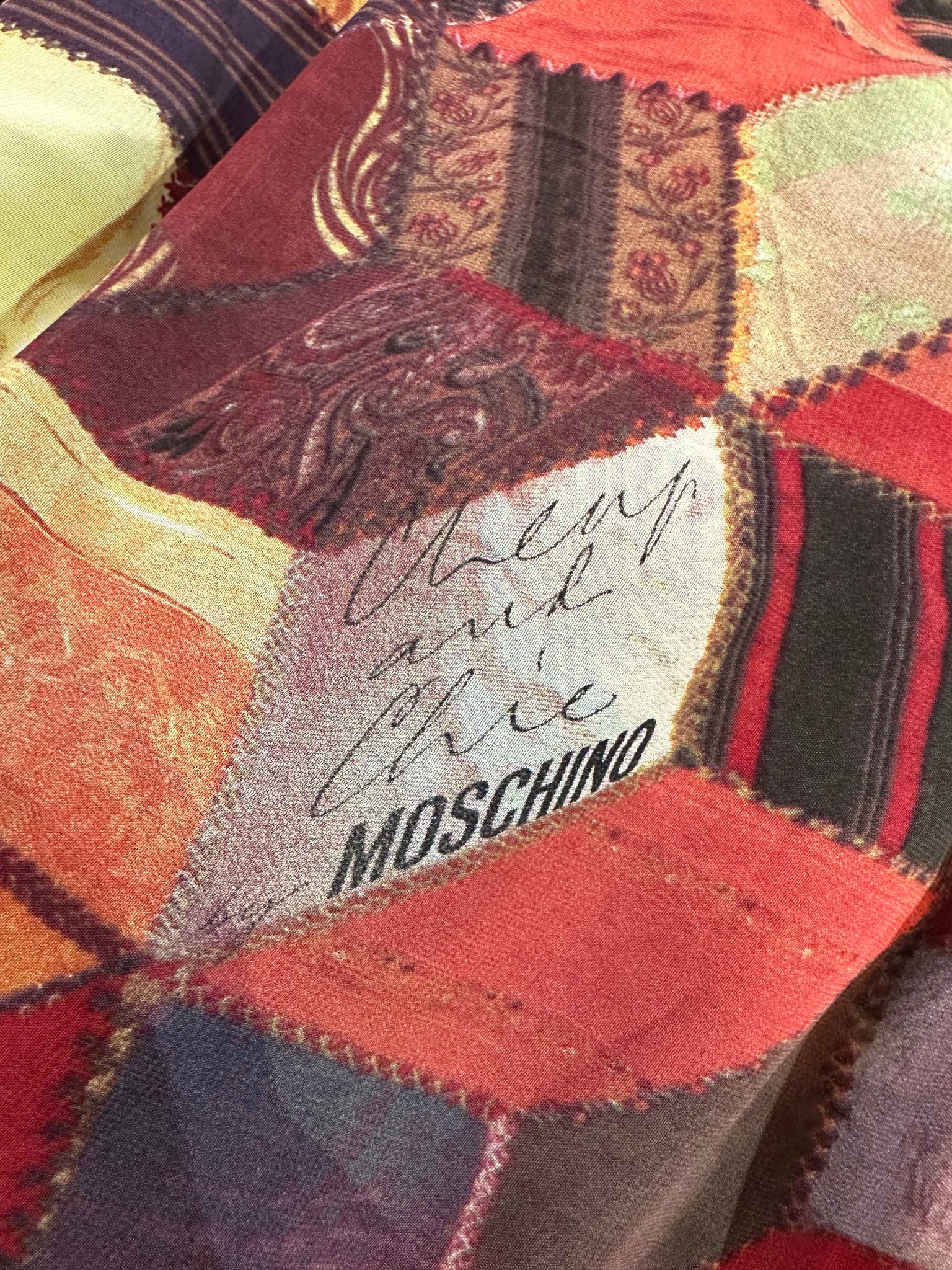  Moschino Cheap and Chic 1990s Mesh Trompe L'oeil Crazy Quilt Patchwork Fringed Shawl LABEL 5 of 5