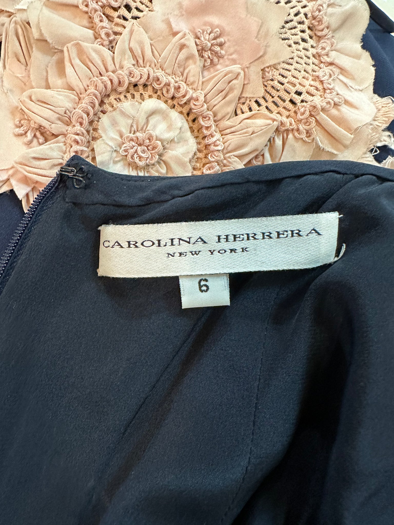  Carolina Herrera 2000s  Navy Blue Silk Halter Gown With Pink Floral Applique LABEL 5 of 5