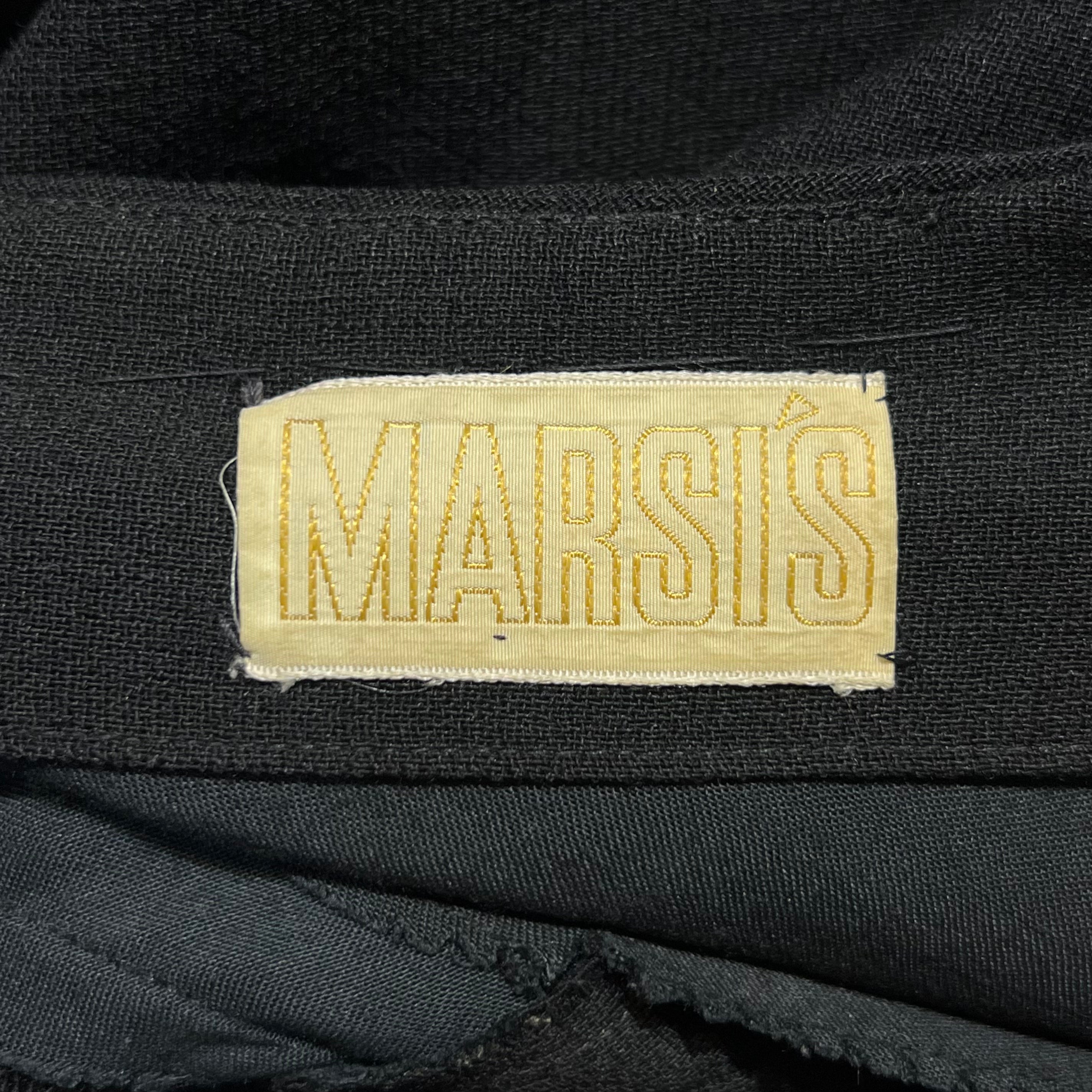Marsis 1959 Black Crepe Dress w/Diagonal Taffeta Ruffle Skirt , label