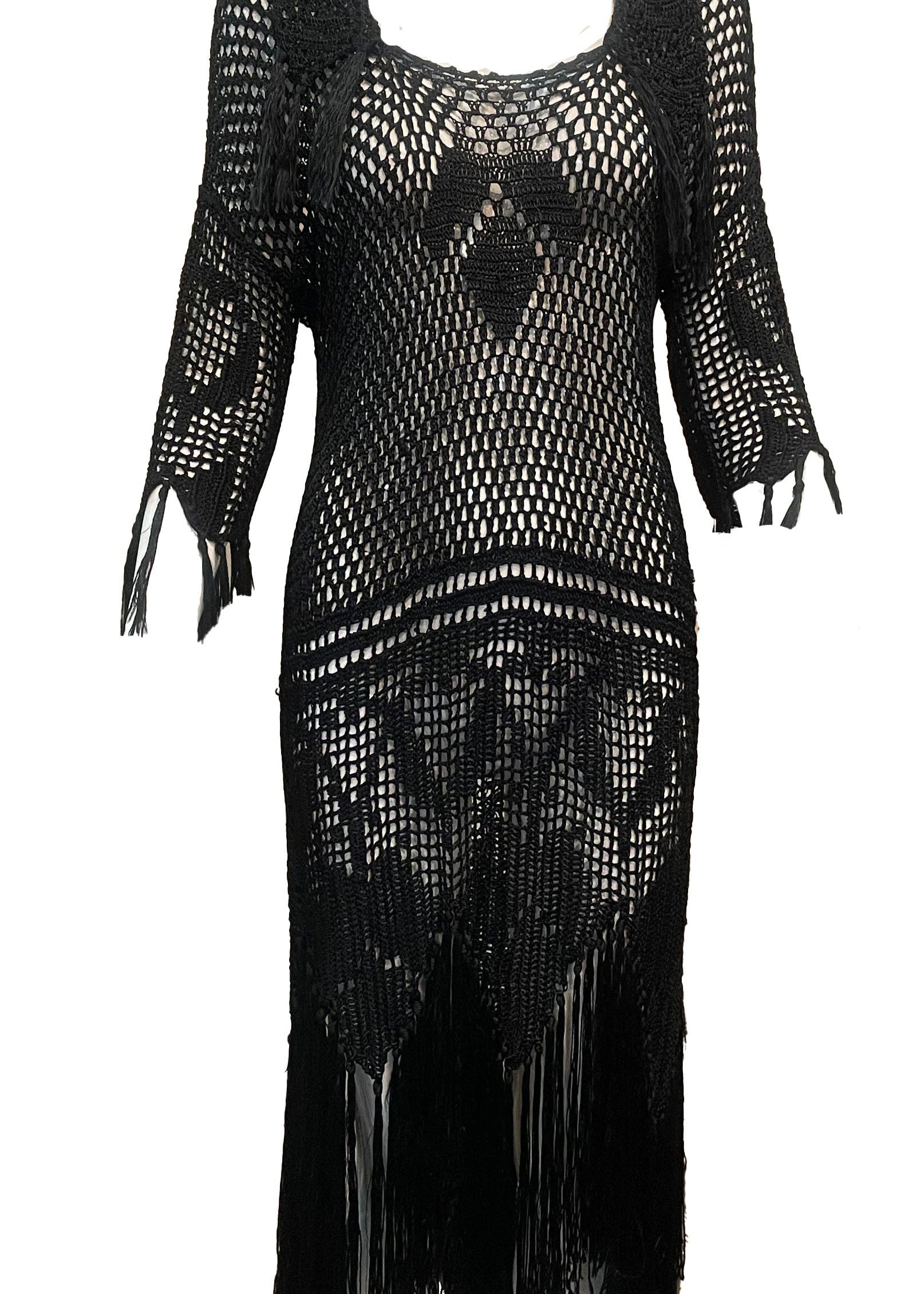 20s Black Silk Crochet Dress with Fringe FRONT 1 of 4