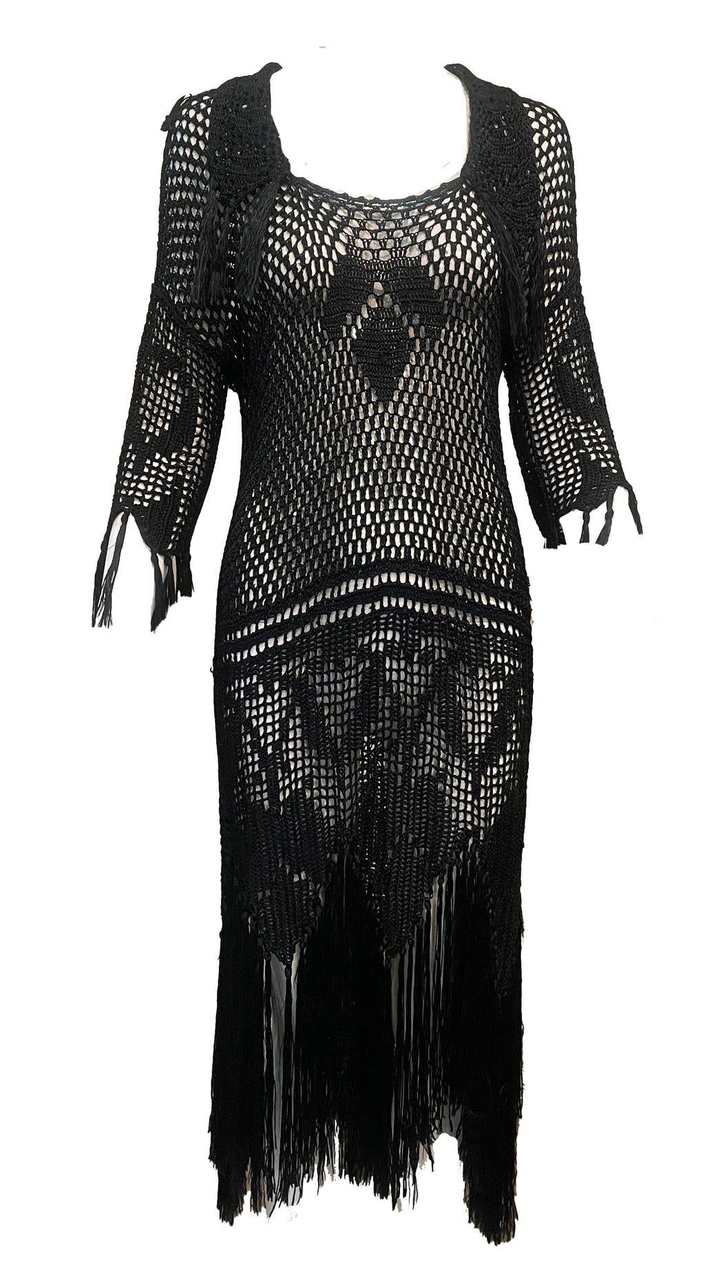 20s Black Silk Crochet Dress with Fringe FRONT 1 of 4