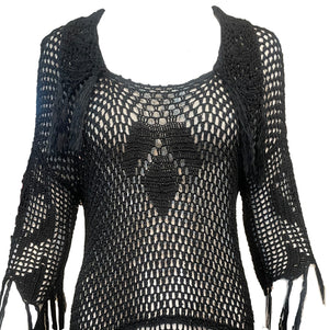 20s Black Silk Crochet Dress with Fringe DETAIL 4 of 4