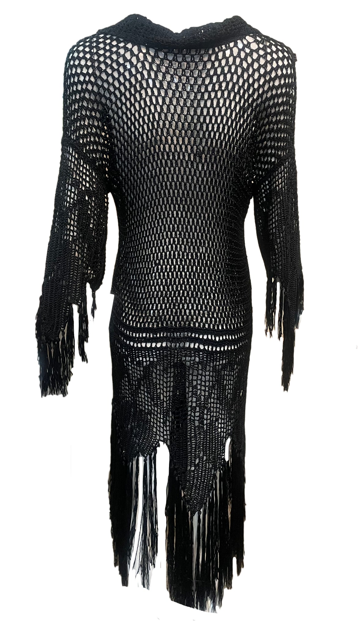 20s Black Silk Crochet Dress with Fringe SIDE  2 of 4