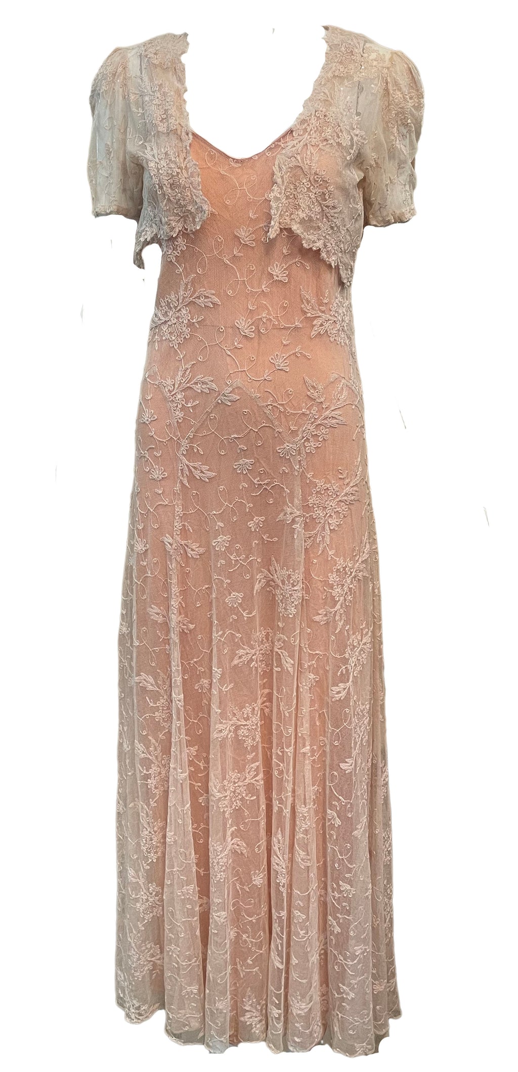 30s  Peach Lace Bias Cut Gown with Matching Bolero