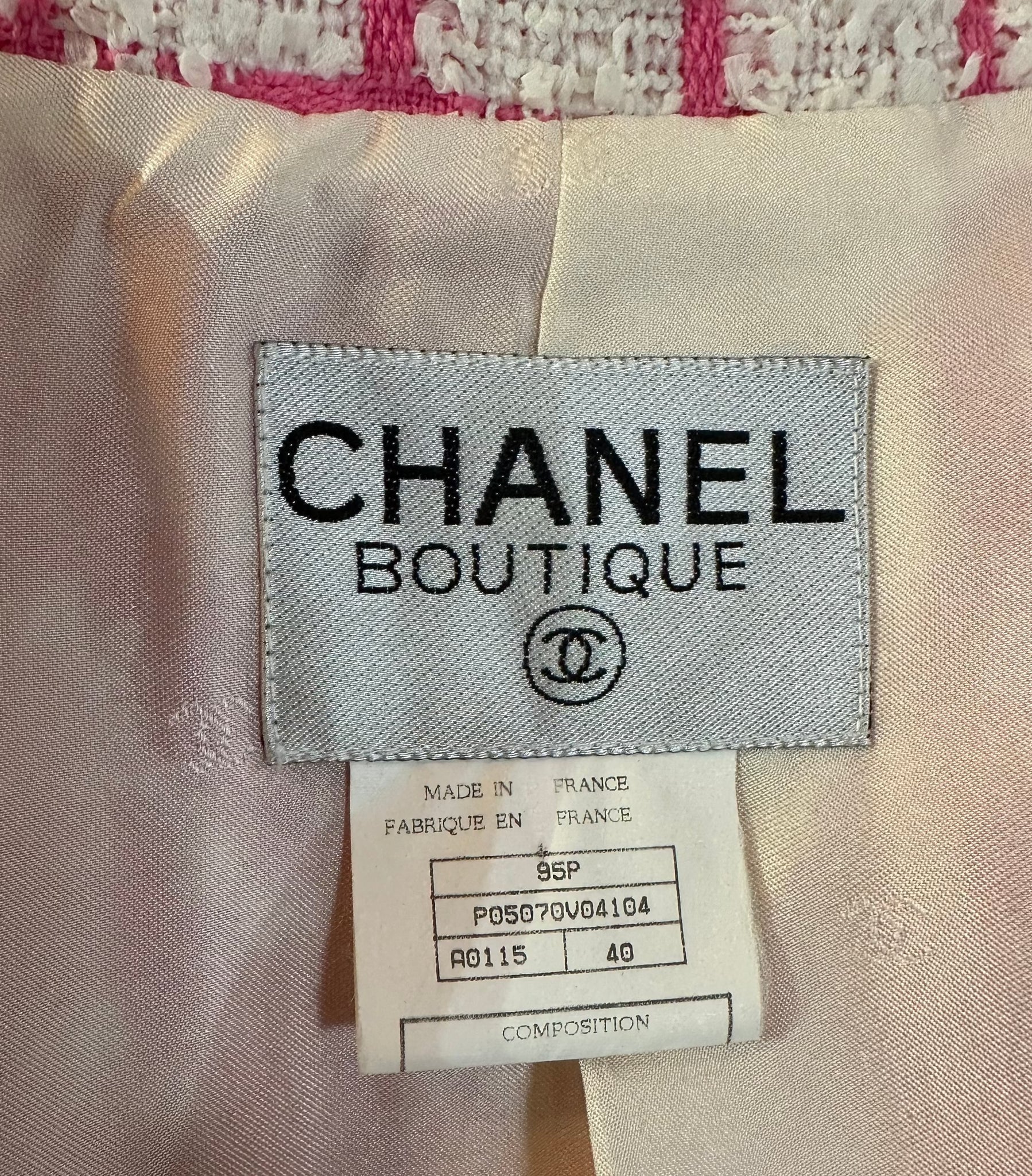Chanel 90s Bubblegum Pink and White Gingham Jacket with Iridescent Sequins LABEL 8 of 8