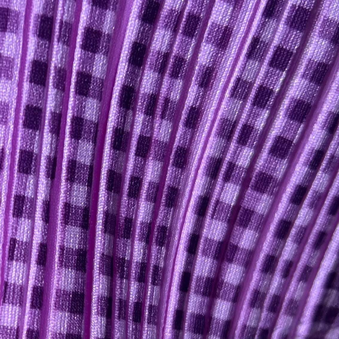 Issey Miyake Pleats Please Y2K Purple Gingham Button Up Top, close up
