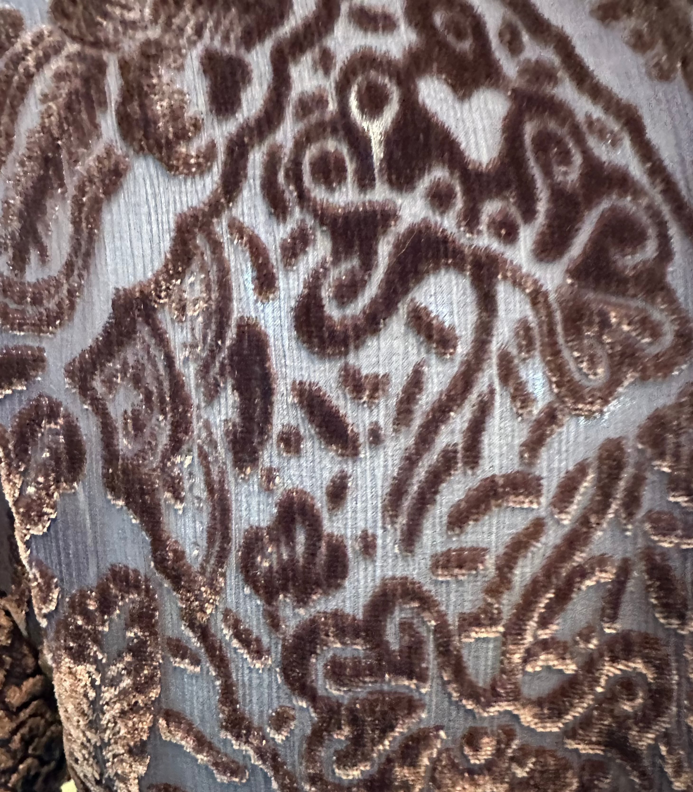  Oscar de la Renta 90s Brown and Blue Cut Velvet Goddess Gown DETAIL 5 of 6