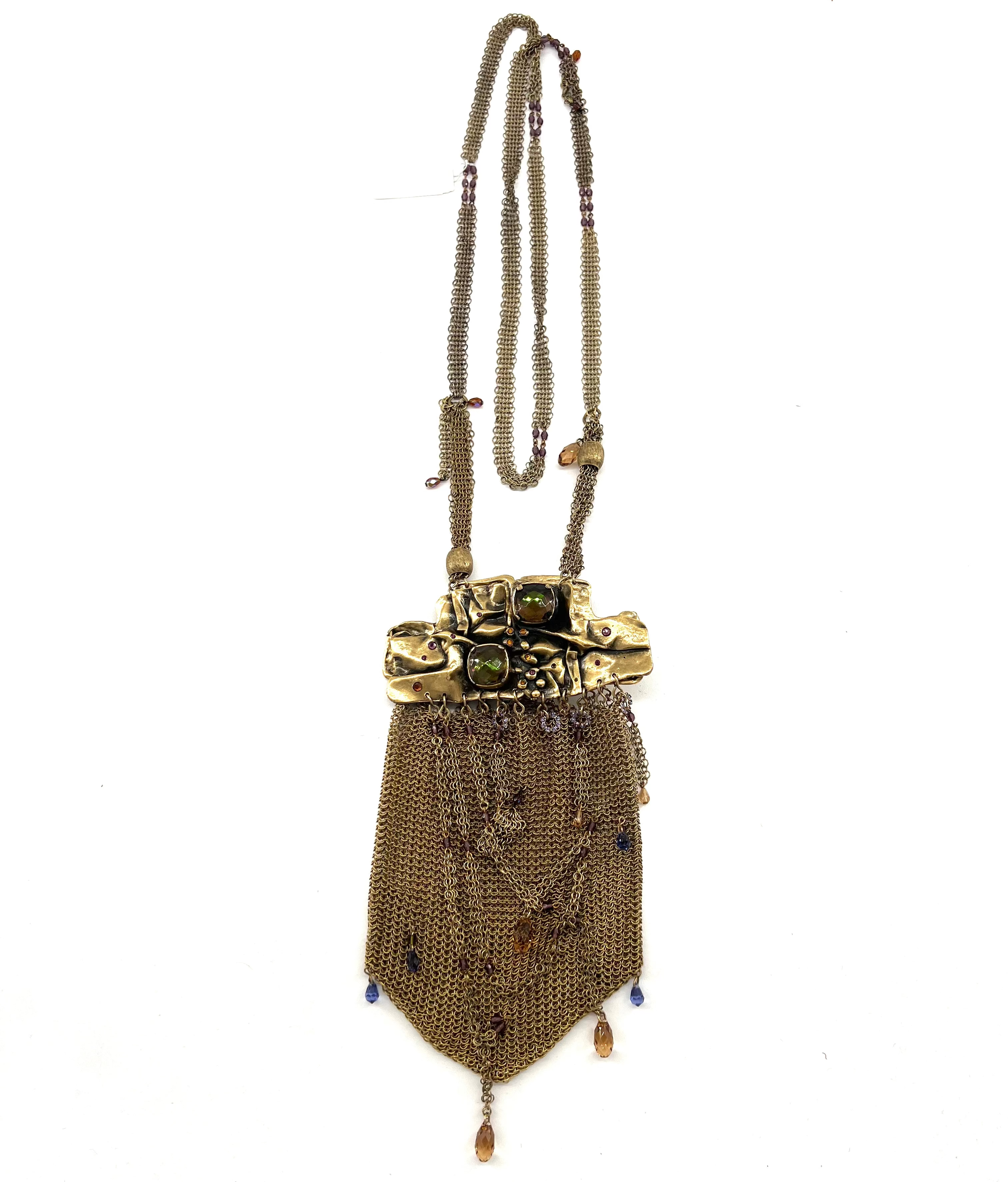 Ferrara Brutalist Gold Plated Brass Ring Mesh Purse with Stone Detail