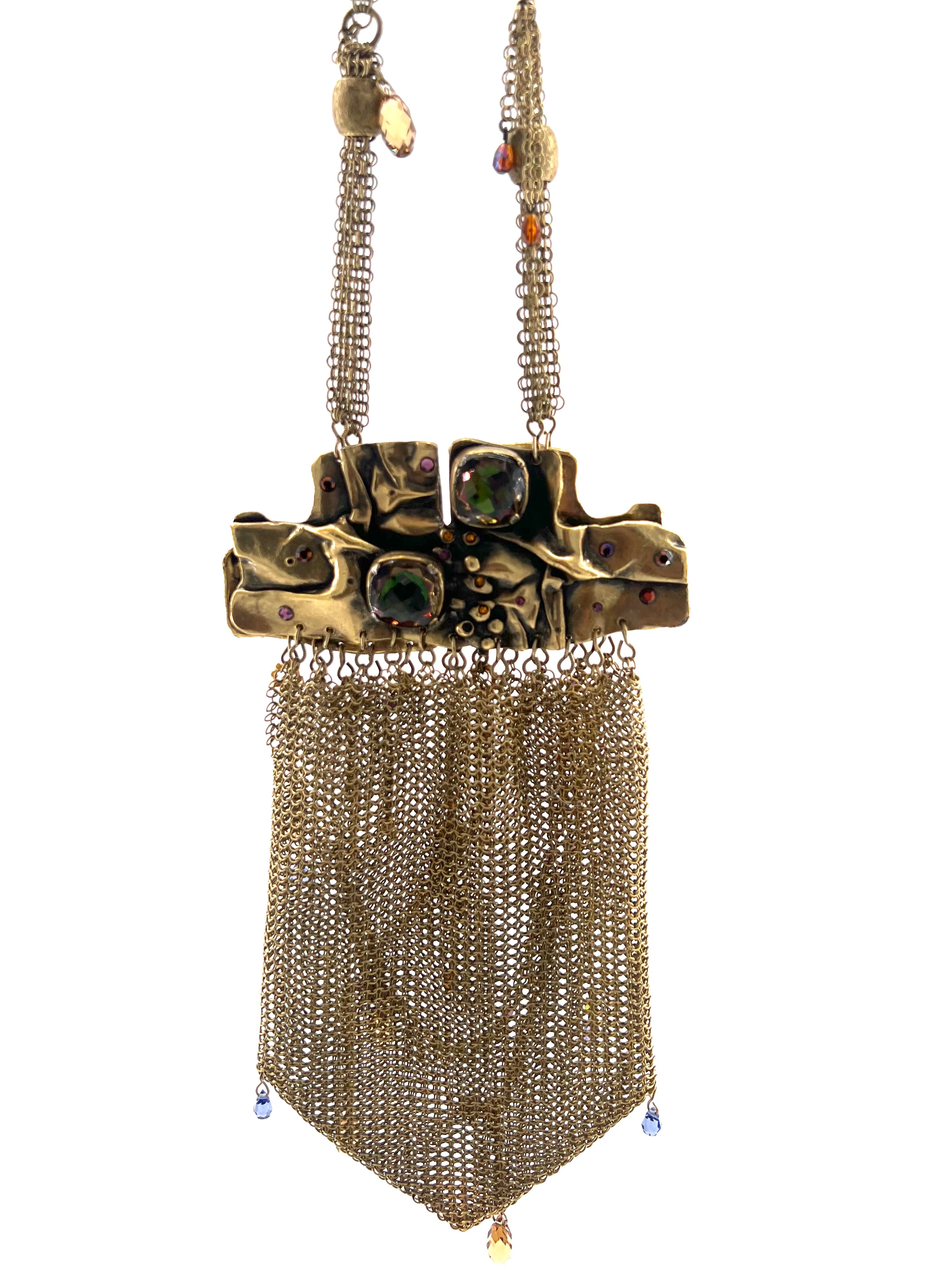 Ferrara Brutalist Gold Plated Brass Ring Mesh Purse with Stone Detail, 2
