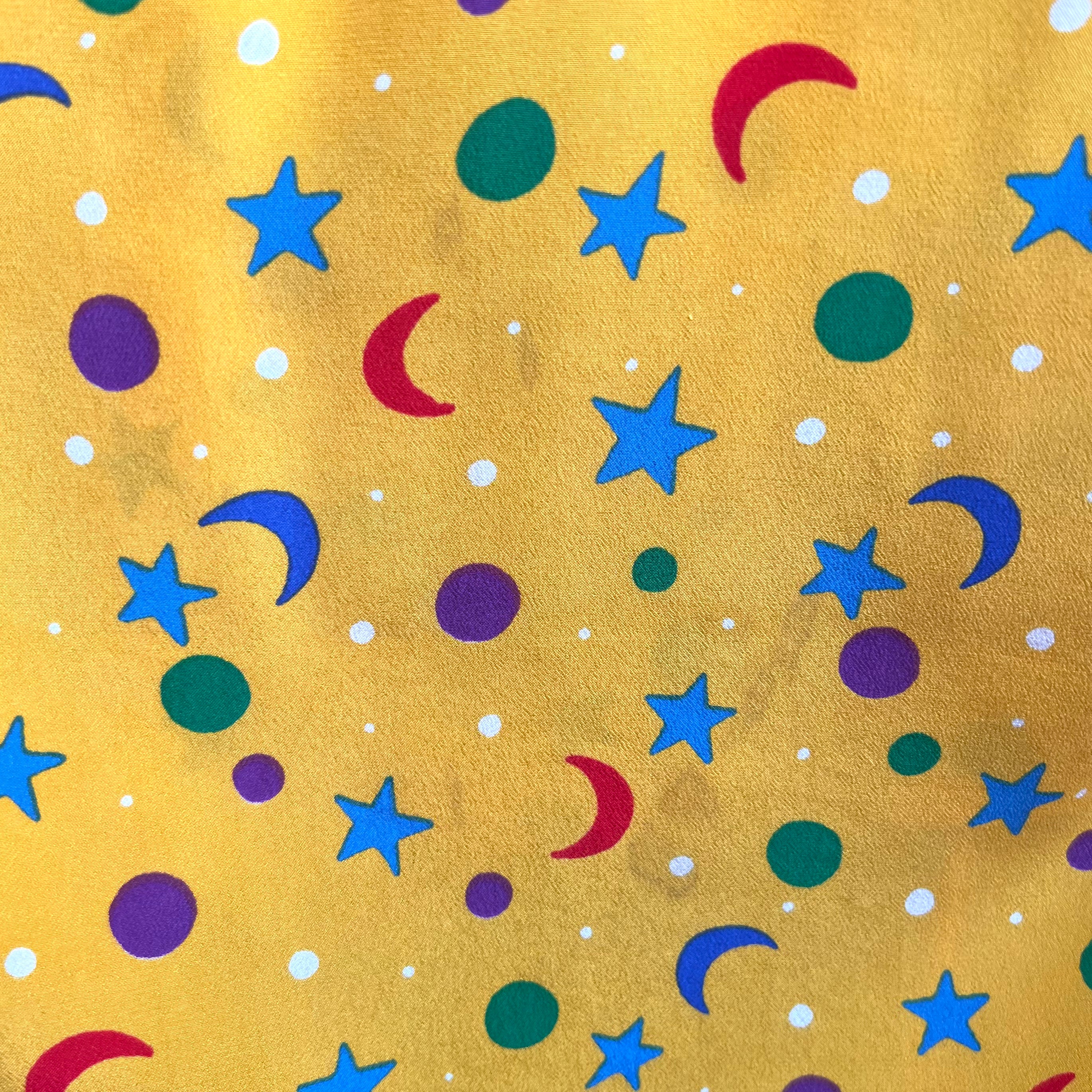 Yves Saint Laurent S/S 1979 Stars and Moon Yellow Silk Blouse, back of blouse stains