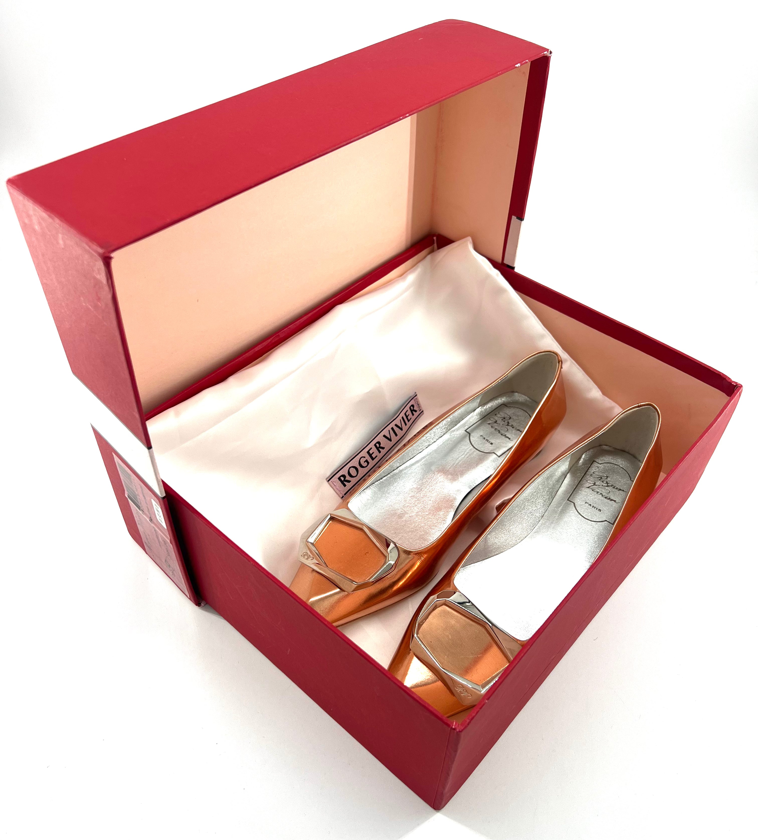 Roger Vivier c.2000's "Belle Vivier" Rose Gold Leather Flats, New in Box, in box