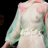 Gucci S/S 2016 Alessandro Michele Pastel Green and Pink Sheer Silk Organza Blouse