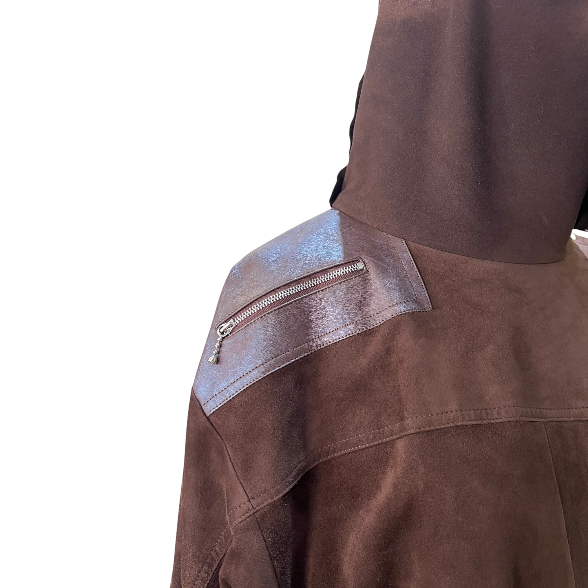 L'Estelle d'Ore 1980's Chocolate Brown Suede Skirt and Jacket Ensemble  , detail