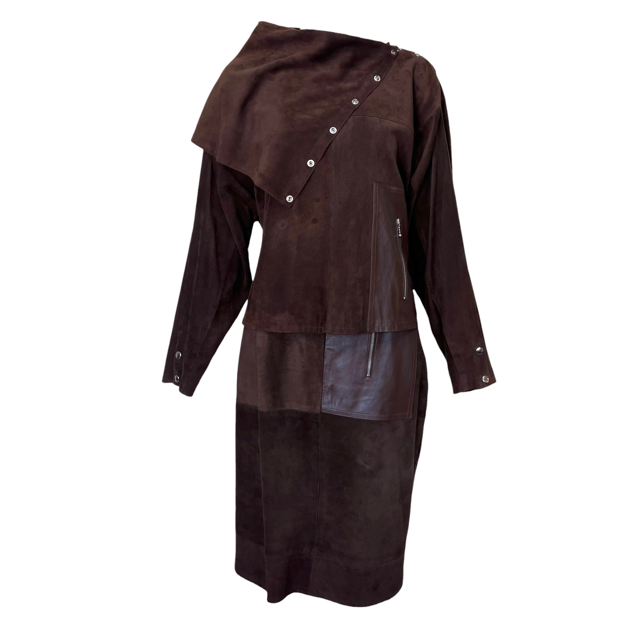 L'Estelle d'Ore 1980's Chocolate Brown Suede Skirt and Jacket Ensemble  