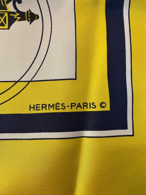 Hermes 'Ex Libre' Yellow & Blue Carriage Silk Scarf LABEL 4 of 4