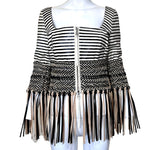 Gianfranco Ferre S/S 2001 Cream and Black Fringed Leather Jacket + Pant Ensemble, jacket