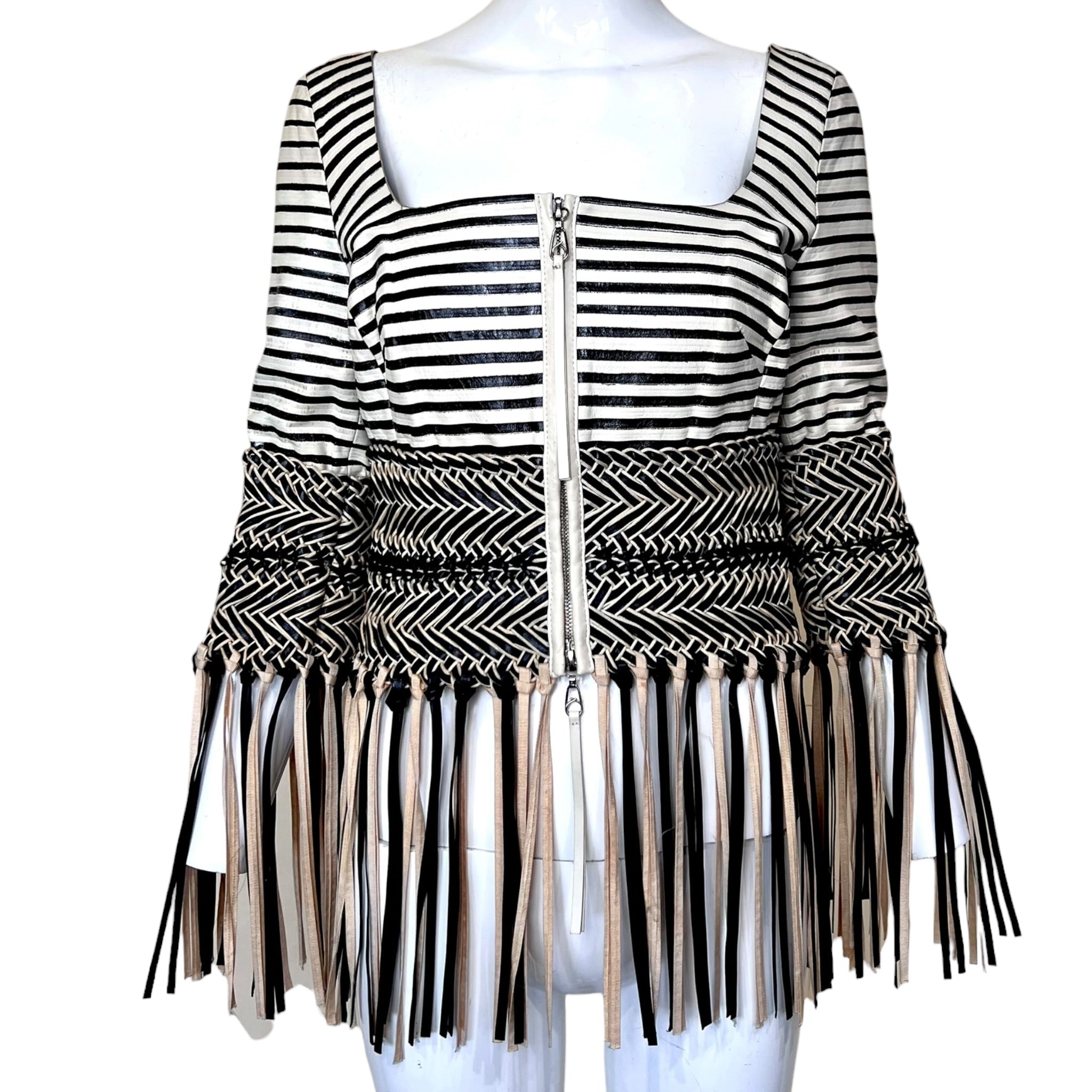 Gianfranco Ferre S/S 2001 Cream and Black Fringed Leather Jacket + Pant Ensemble, jacket