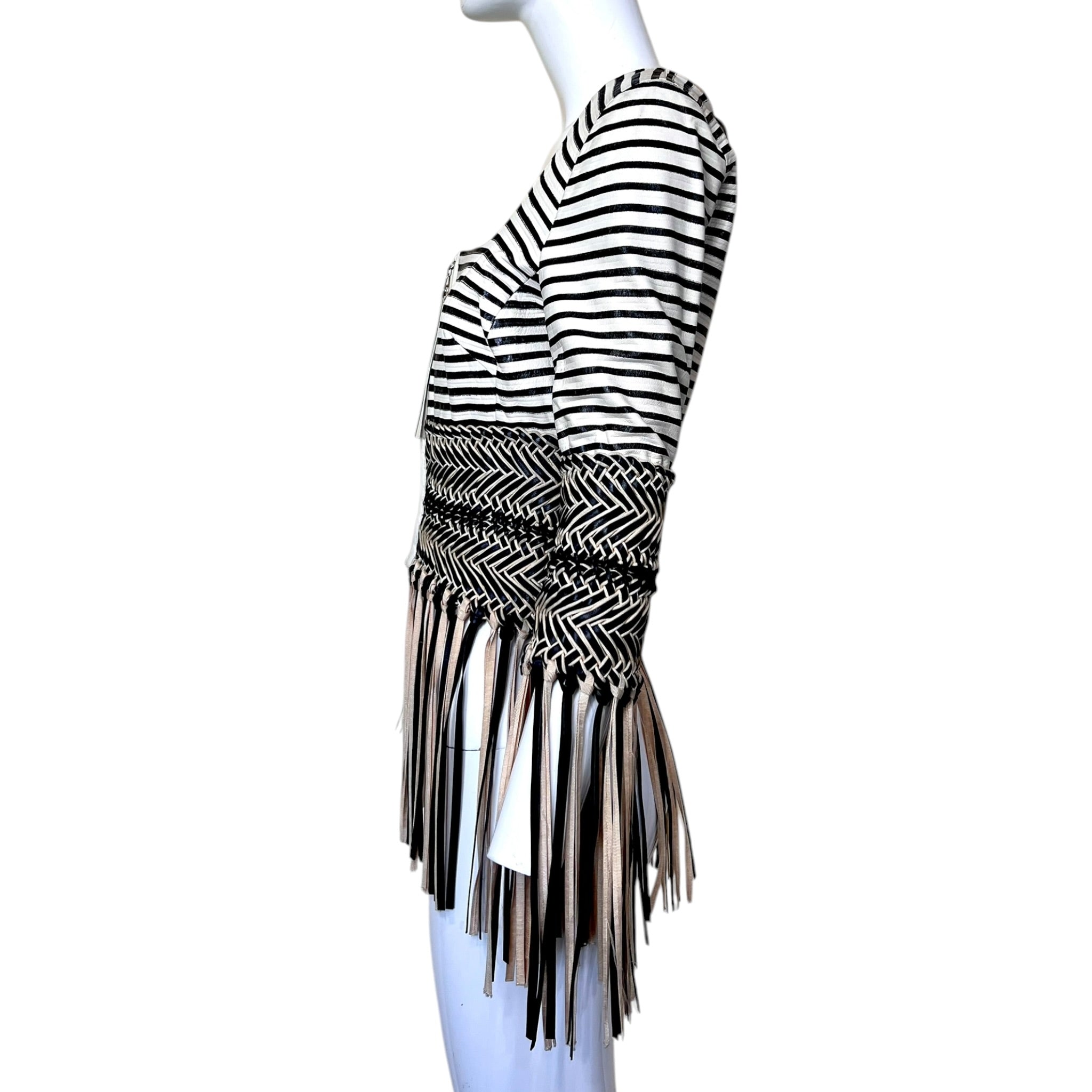 Gianfranco Ferre S/S 2001 Cream and Black Fringed Leather Jacket + Pant Ensemble, jacket side