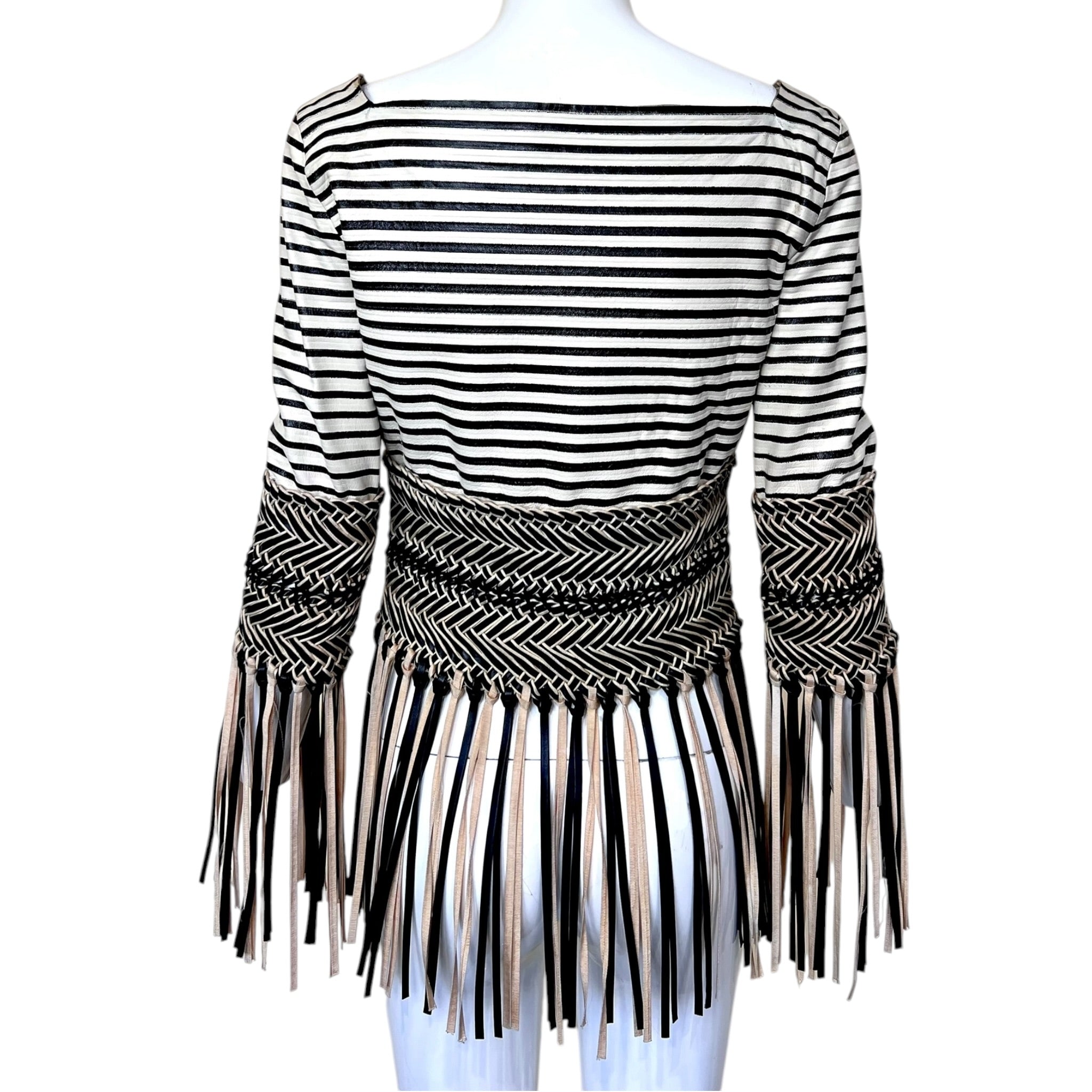 Gianfranco Ferre S/S 2001 Cream and Black Fringed Leather Jacket + Pant Ensemble, jacket back