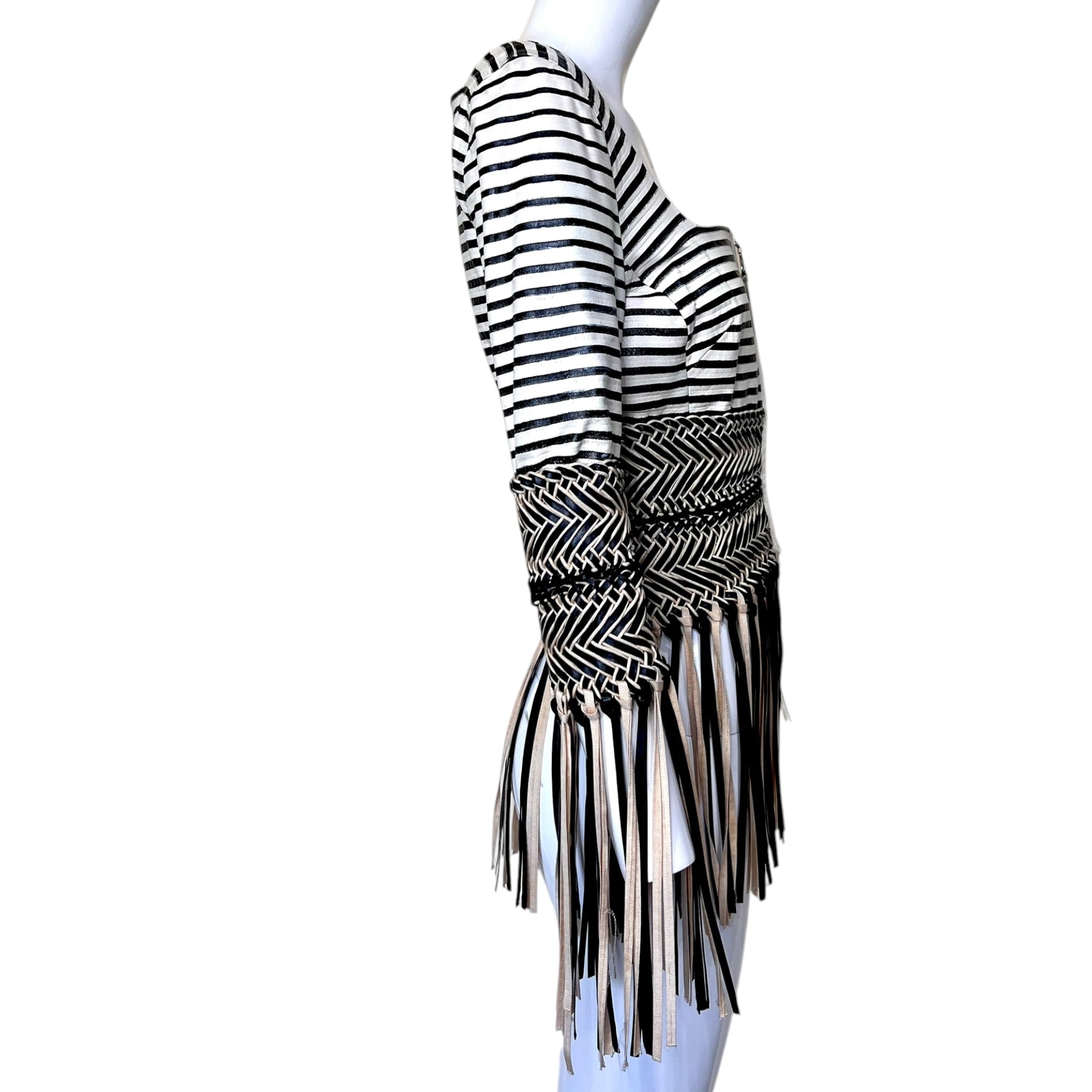 Gianfranco Ferre S/S 2001 Cream and Black Fringed Leather Jacket + Pant Ensemble, jacket side 2