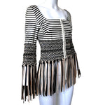 Gianfranco Ferre S/S 2001 Cream and Black Fringed Leather Jacket + Pant Ensemble, jacket slight side