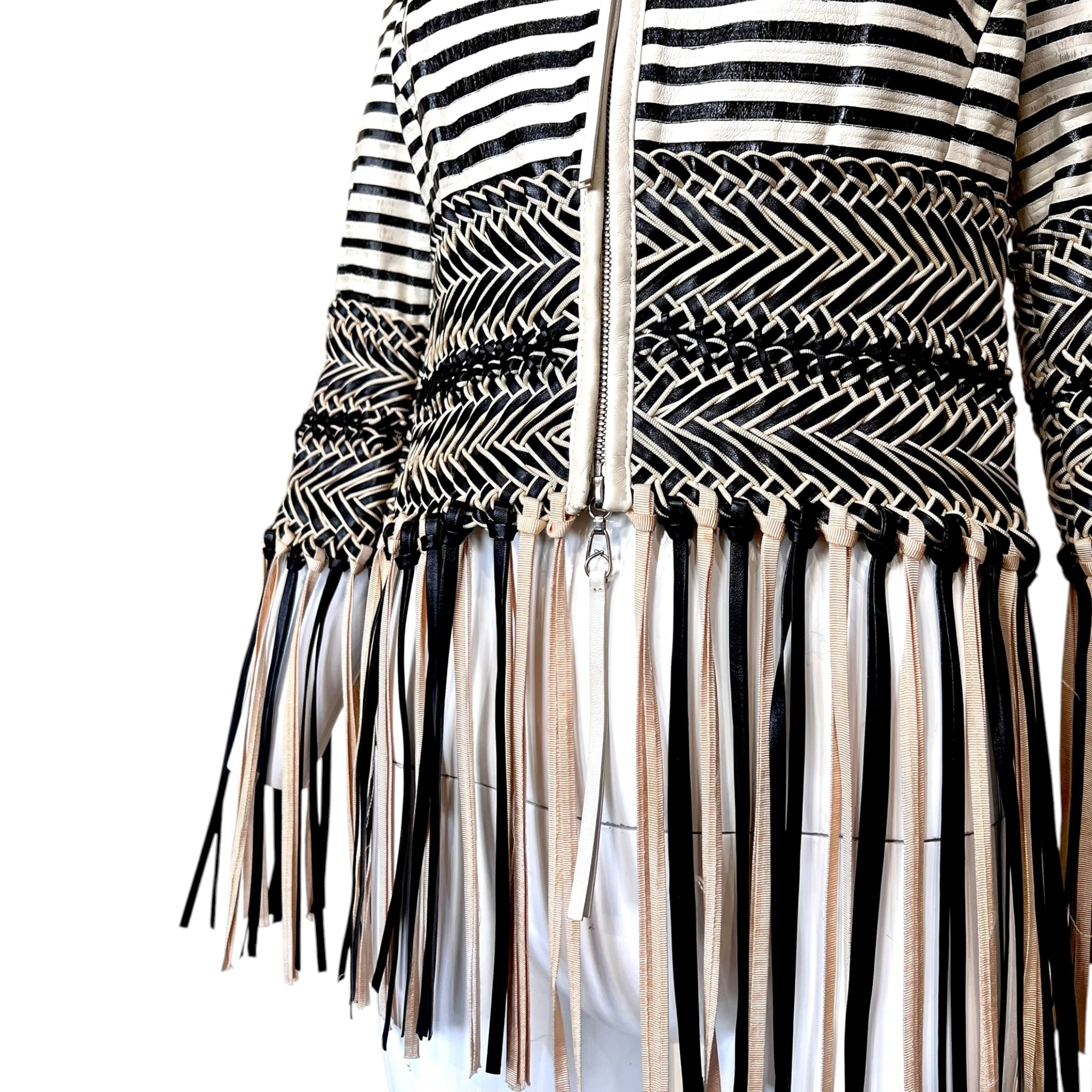 Gianfranco Ferre S/S 2001 Cream and Black Fringed Leather Jacket + Pant Ensemble, jacket hem detail