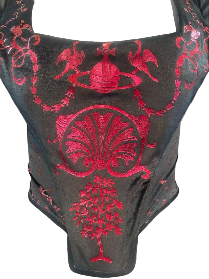 Vivienne Westwood 90s Black Corset Top with Red Metallic Decoration. DETAIL 4 of 5