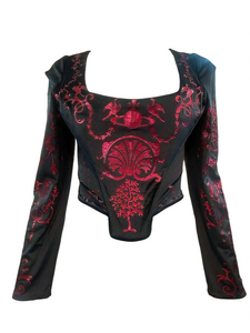 Vivienne Westwood 90s Black Corset Top with Red Metallic Decoration. FRONT 1 of 5
