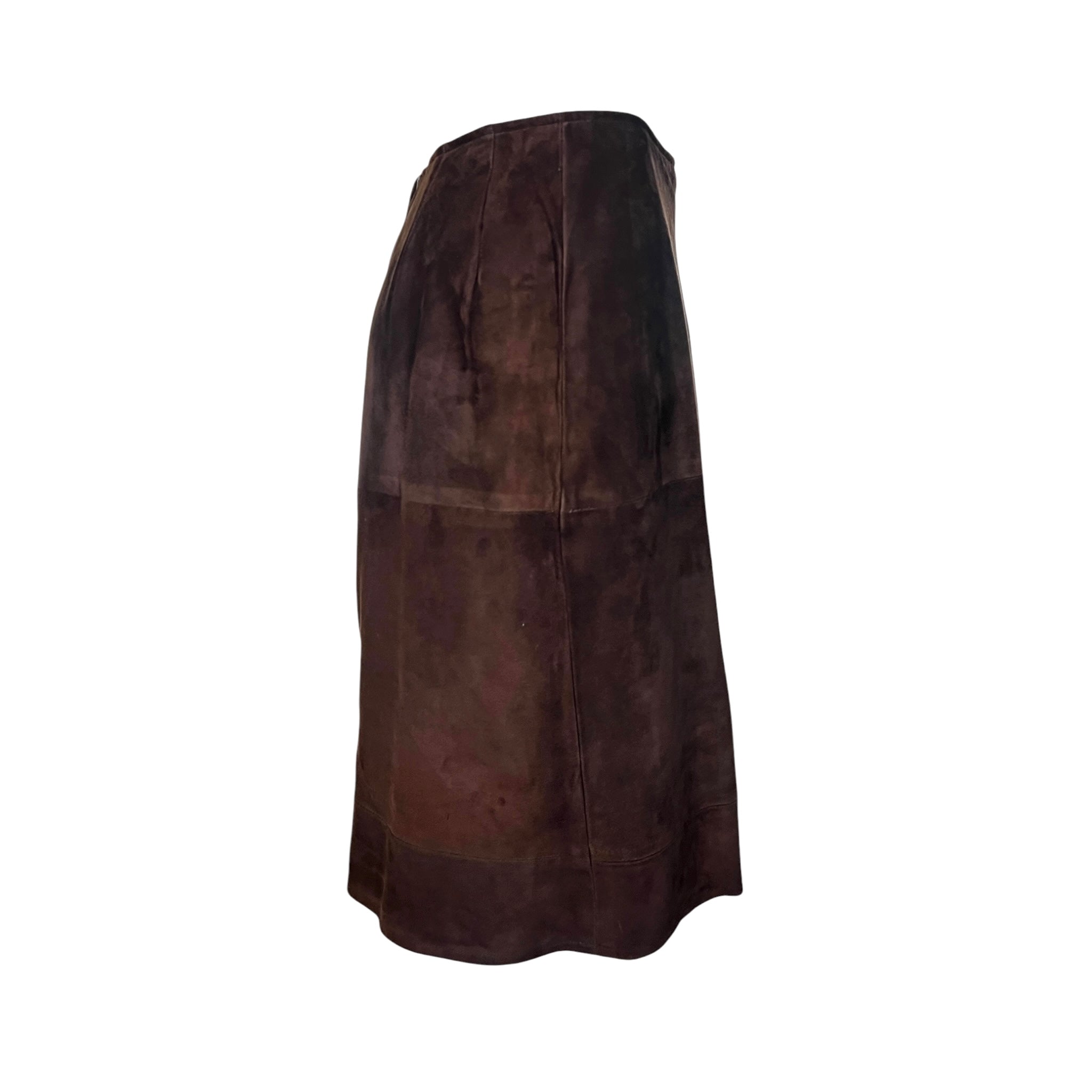L'Estelle d'Ore 1980's Chocolate Brown Suede Skirt and Jacket Ensemble  , skirt side
