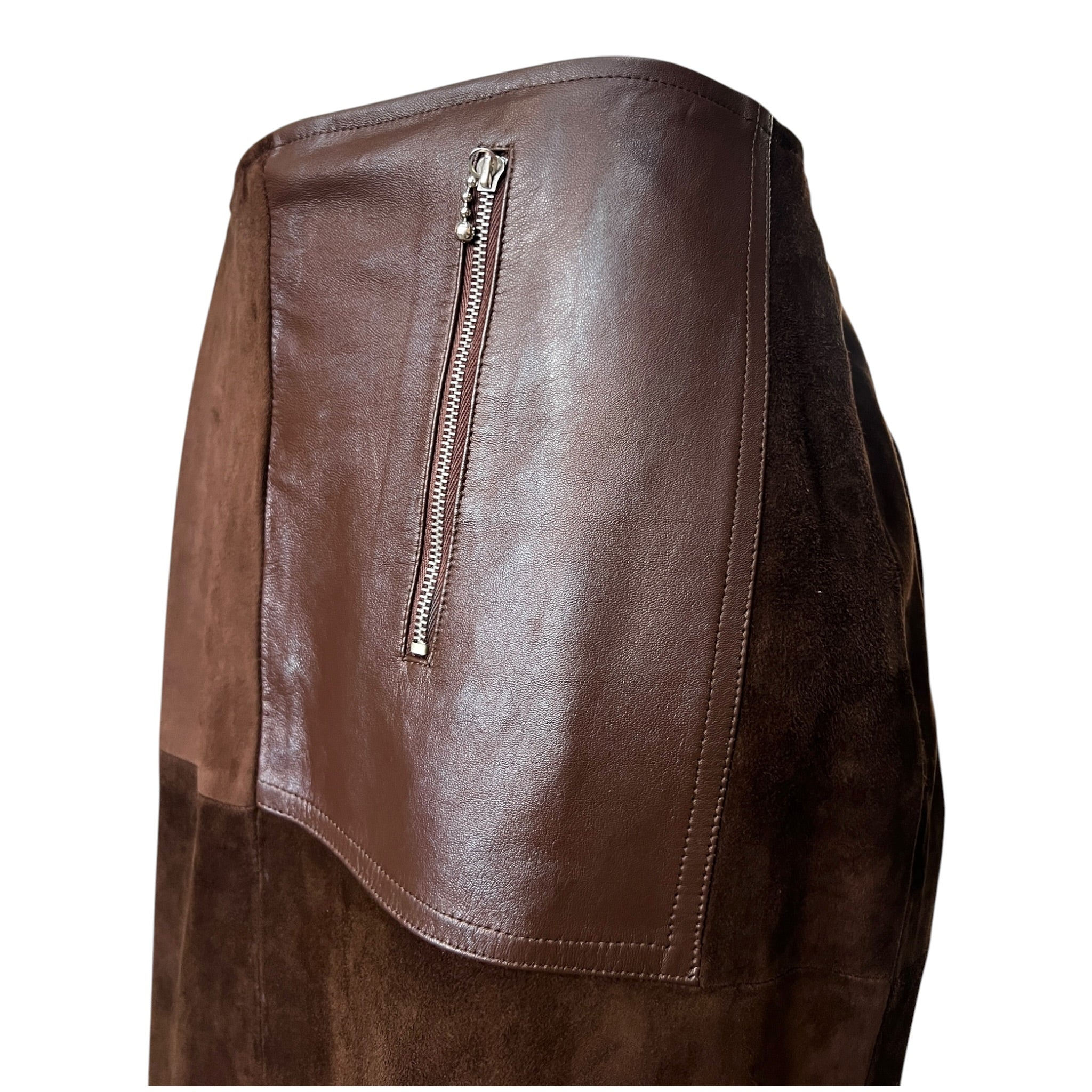 L'Estelle d'Ore 1980's Chocolate Brown Suede Skirt and Jacket Ensemble  , skirt detail