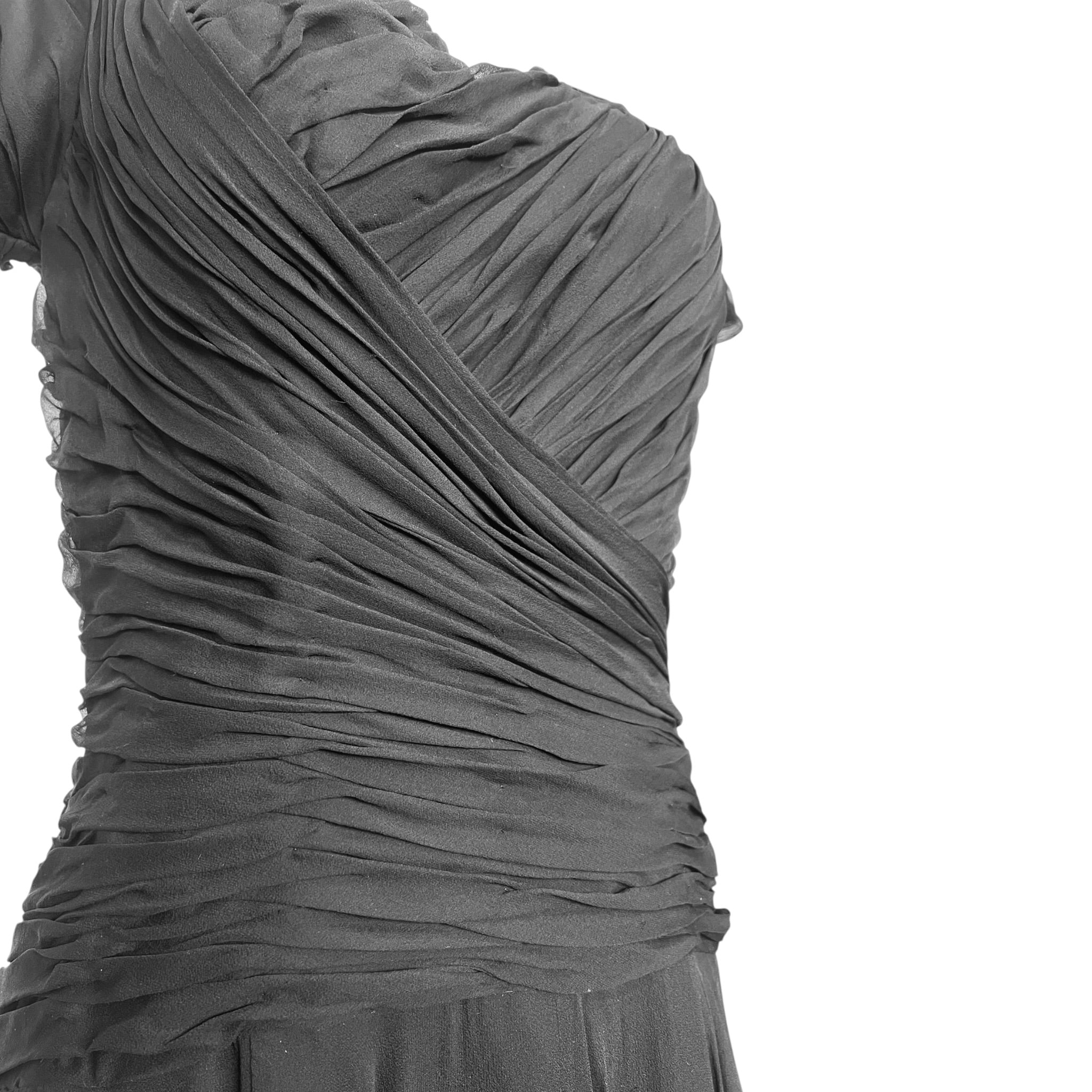 Ceil Chapman 1950's Black Silk Fitted Cocktail Dress, ruching