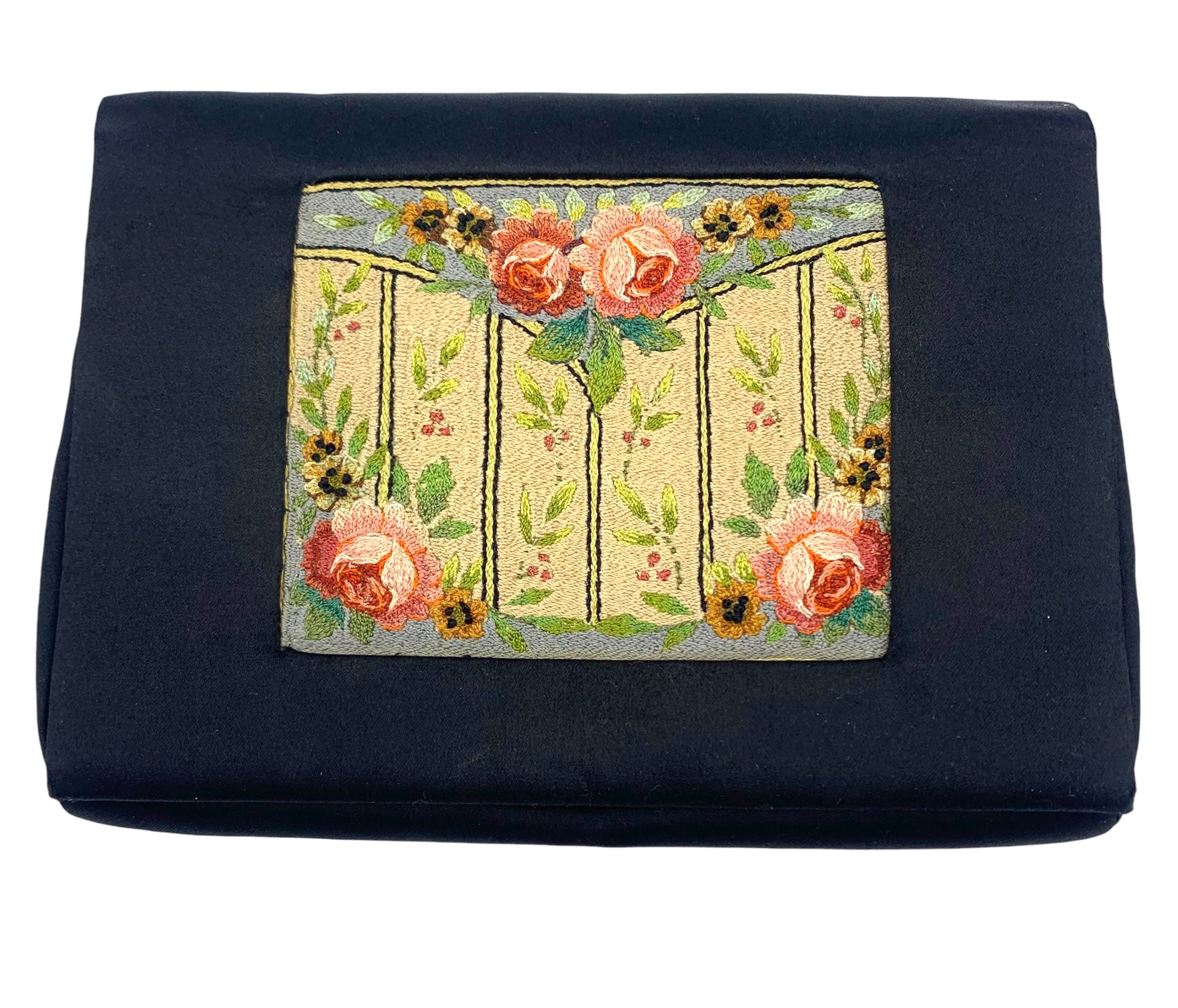  30s Black Satin Clutch Purse with Hand Embroidered Floral Motif BACK 7/8