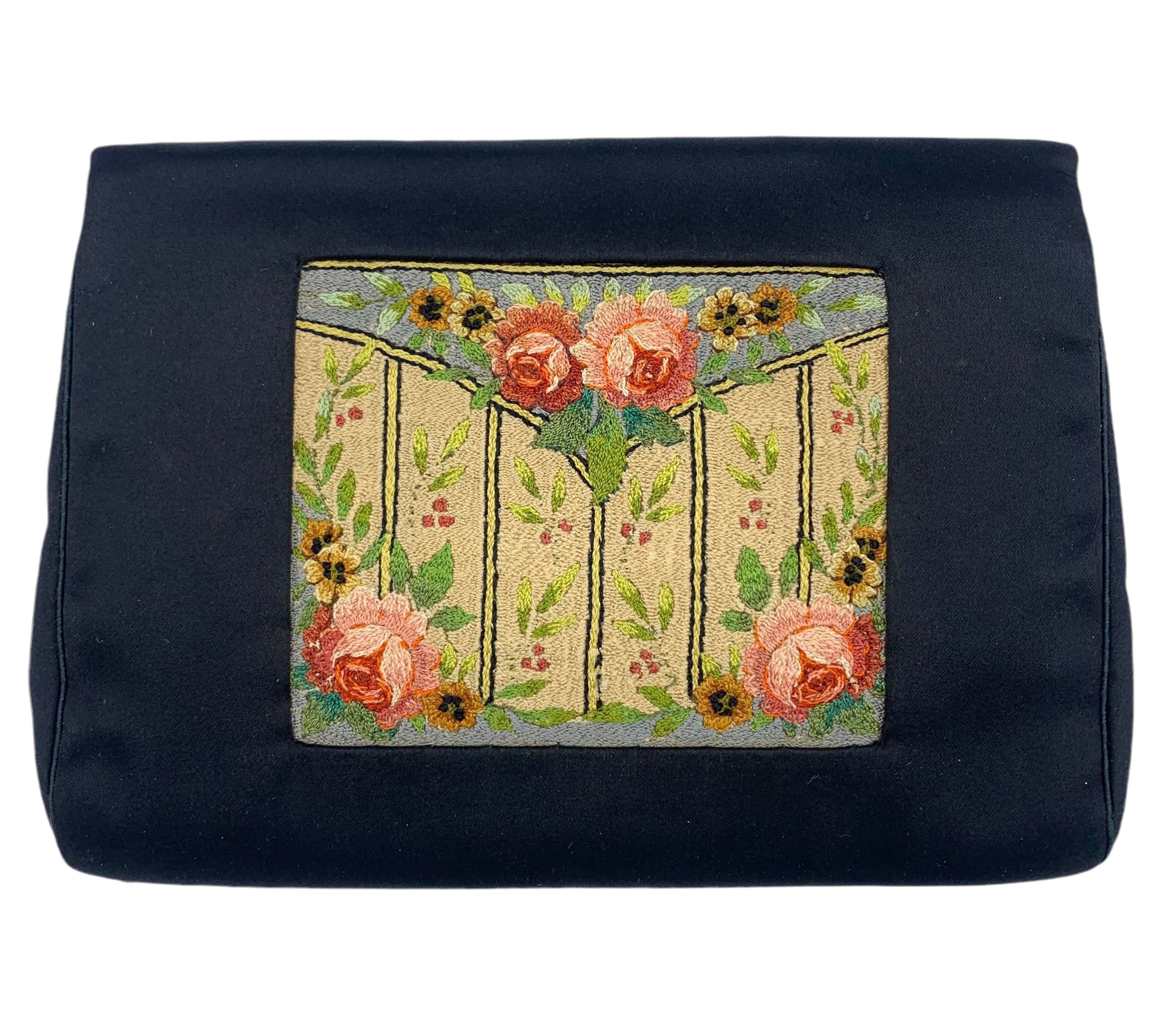  30s Black Satin Clutch Purse with Hand Embroidered Floral Motif FRONT 1/8