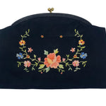 1950s Twifaille by Rosenfeld Black Satin Floral Hand Embroidered Clutch Purse FRONT 1/5