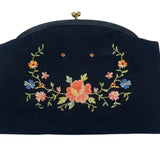 1950s Twifaille by Rosenfeld Black Satin Floral Hand Embroidered Clutch Purse FRONT 1/5