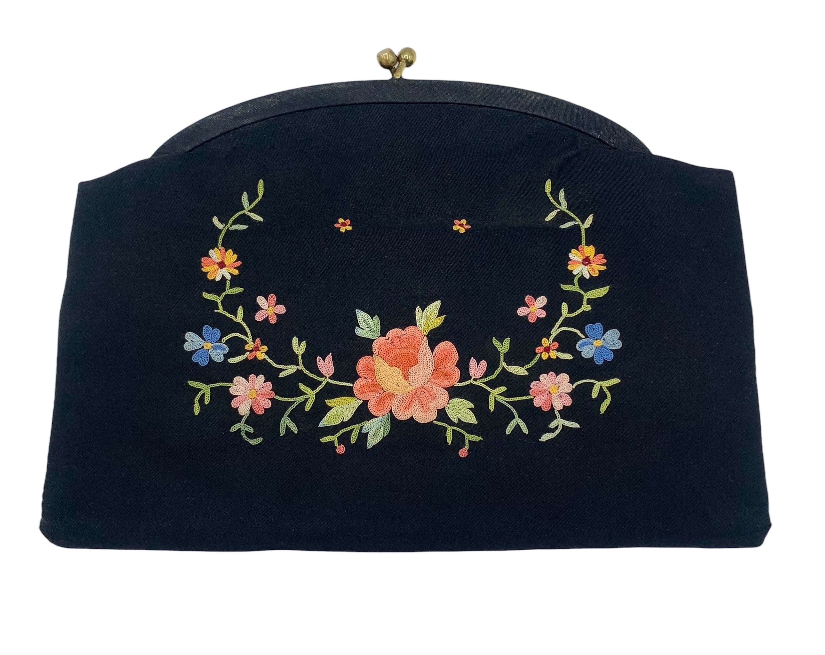 1950s Twifaille by Rosenfeld Black Satin Floral Hand Embroidered Clutch Purse FRONT 1/5