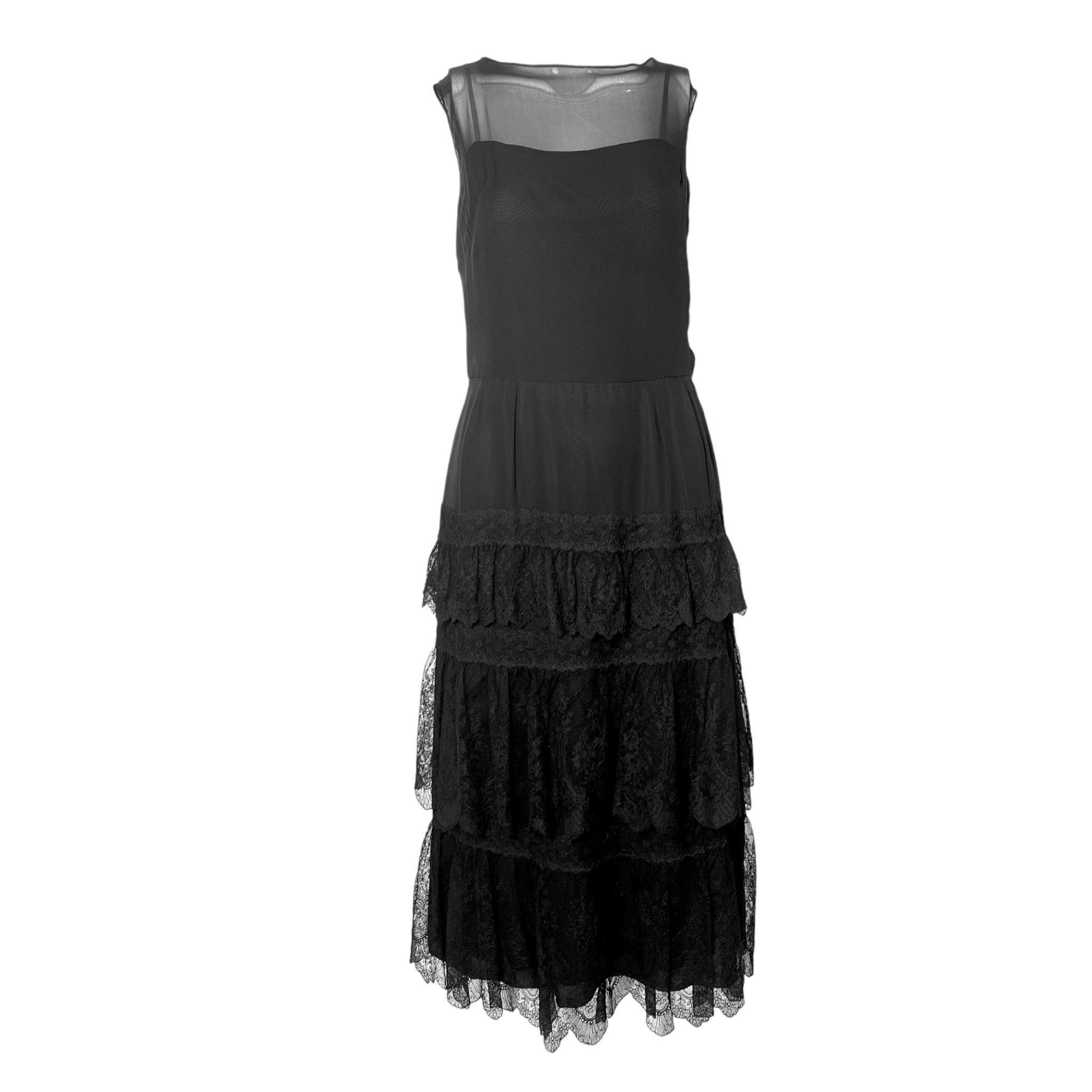 Mainbocher Couture Late 1950's Black Silk Tiered Lace Evening Dress