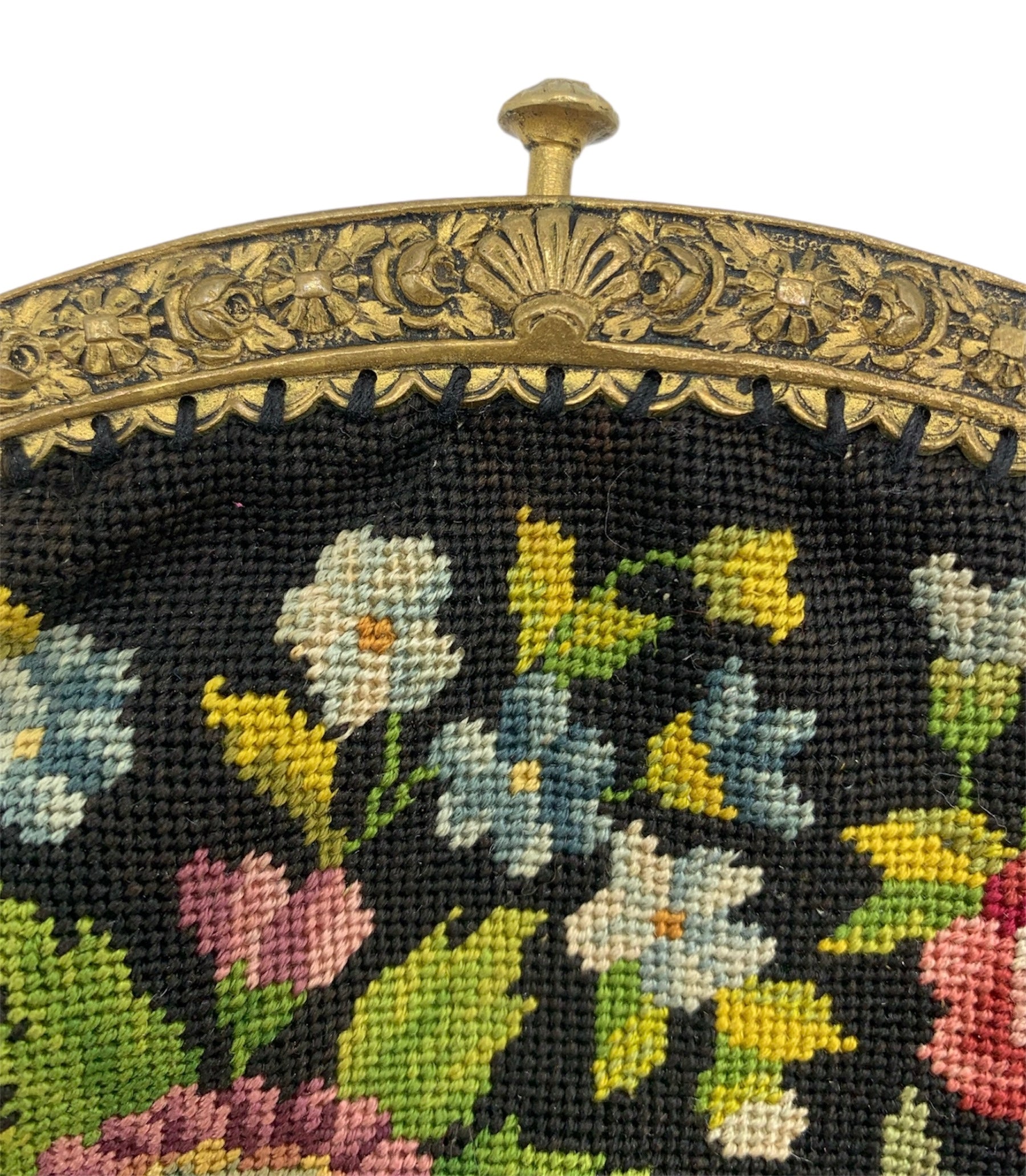 20s Black Floral Petit Point Purse with Gold Repoussé Frame  FRAME DETAIL 2/5