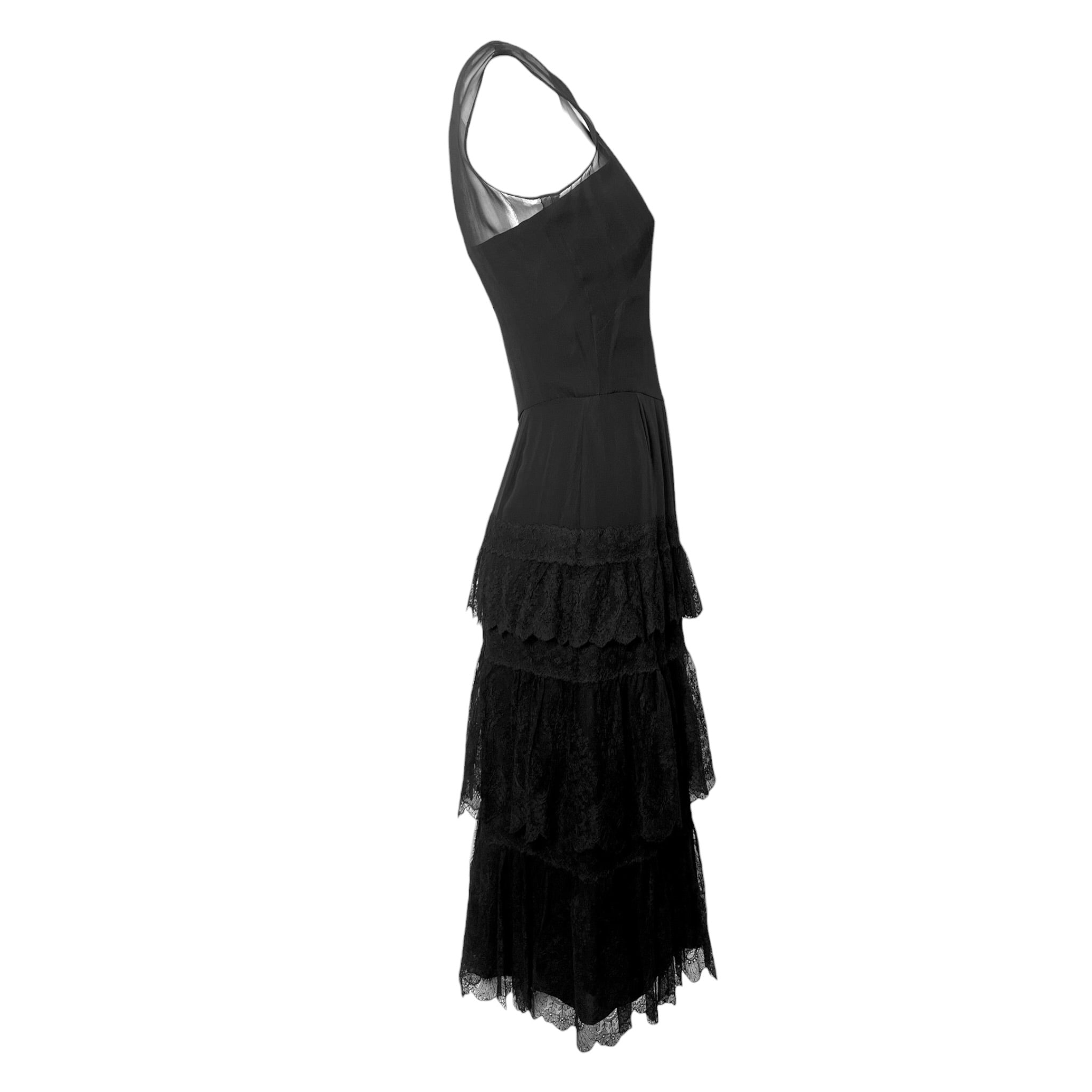Mainbocher Couture Late 1950's Black Silk Tiered Lace Evening Dress THE WAY WE WORE Mainbocher Couture Late 1950's Black Silk Tiered Lace Evening Dress THE WAY WE WORE