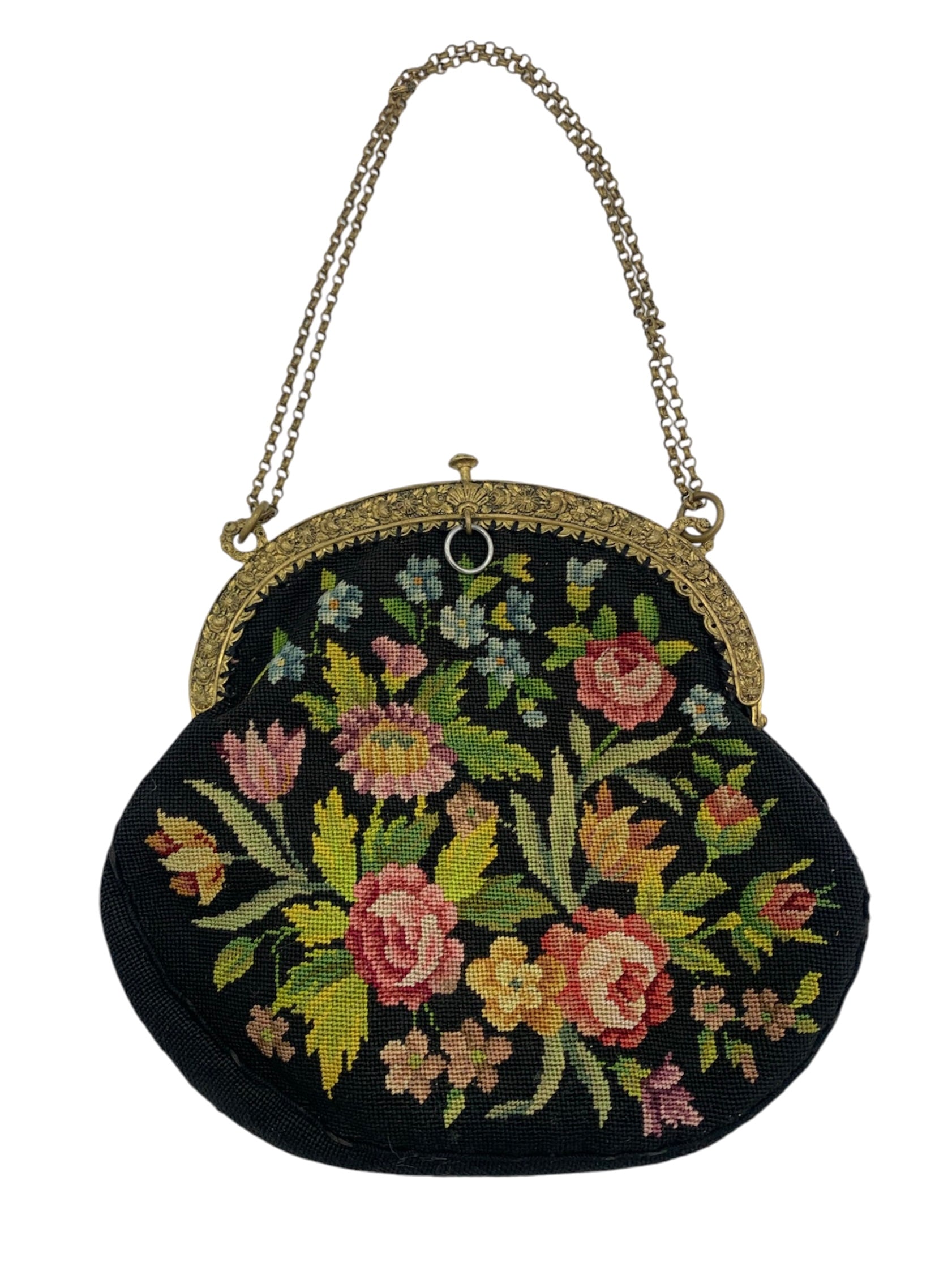 20s Black Floral Petit Point Purse with Gold Repoussé Frame BACK 3/5