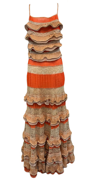 70s Stunning Orange Sherbet and Nude Lace Tiered Halter Gown FRONT 1 of 5