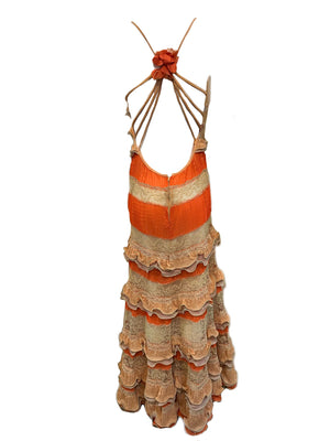 70s Stunning Orange Sherbet and Nude Lace Tiered Halter Gown BACK 2 of 5