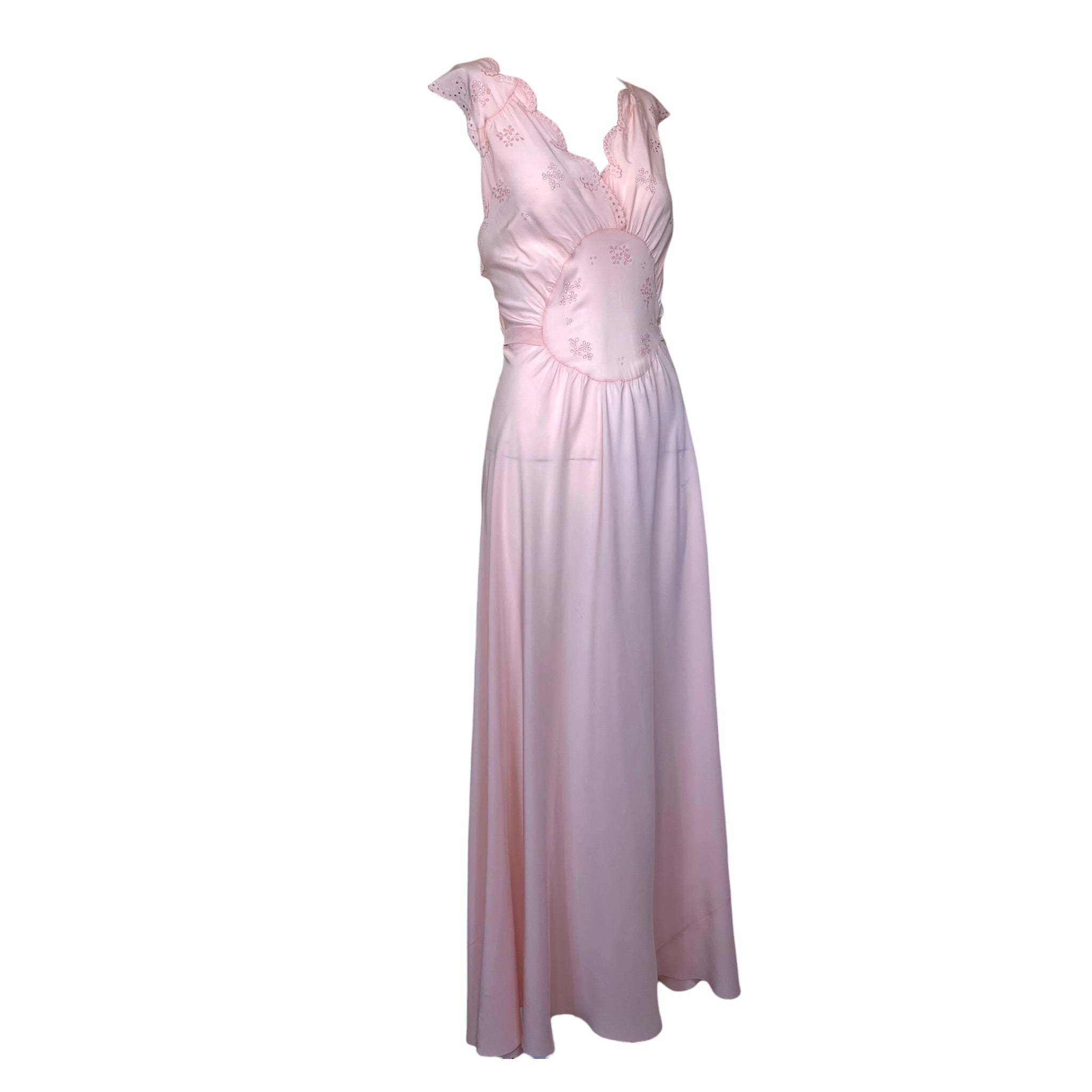 1940's Pink Rayon Floral Hand Embroidered Eyelet Dress , slight side